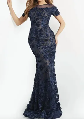 06863 Floral Illusion Neck Gown in Navy/Nude