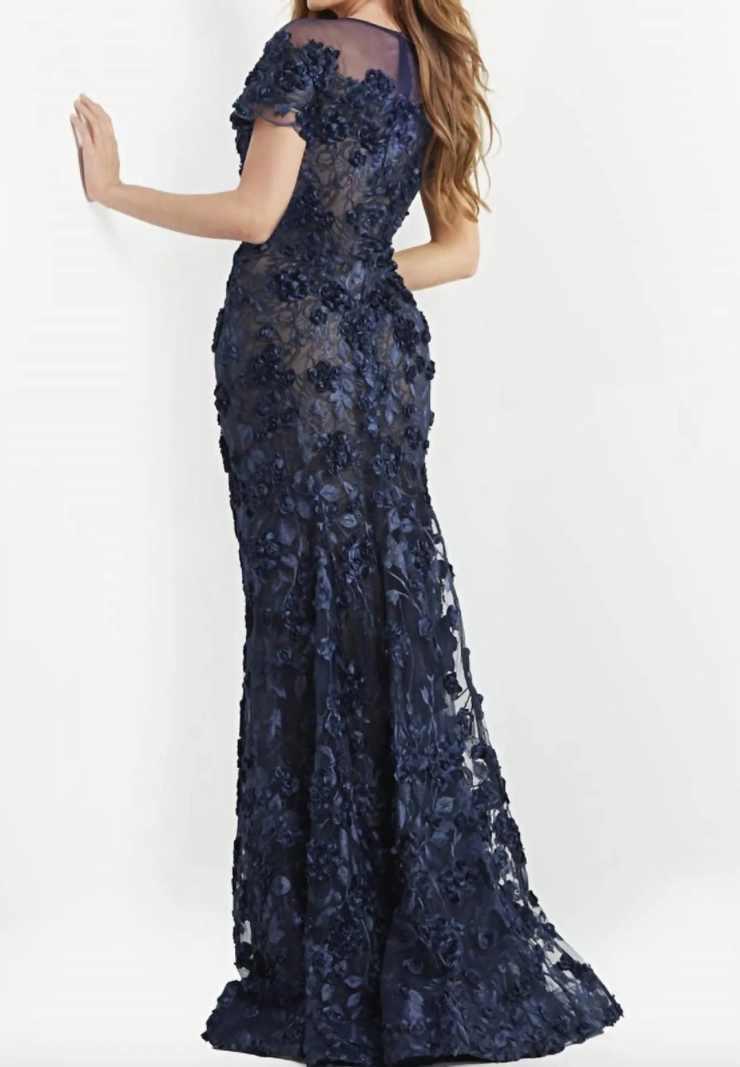 06863 Floral Illusion Neck Gown in Navy/Nude