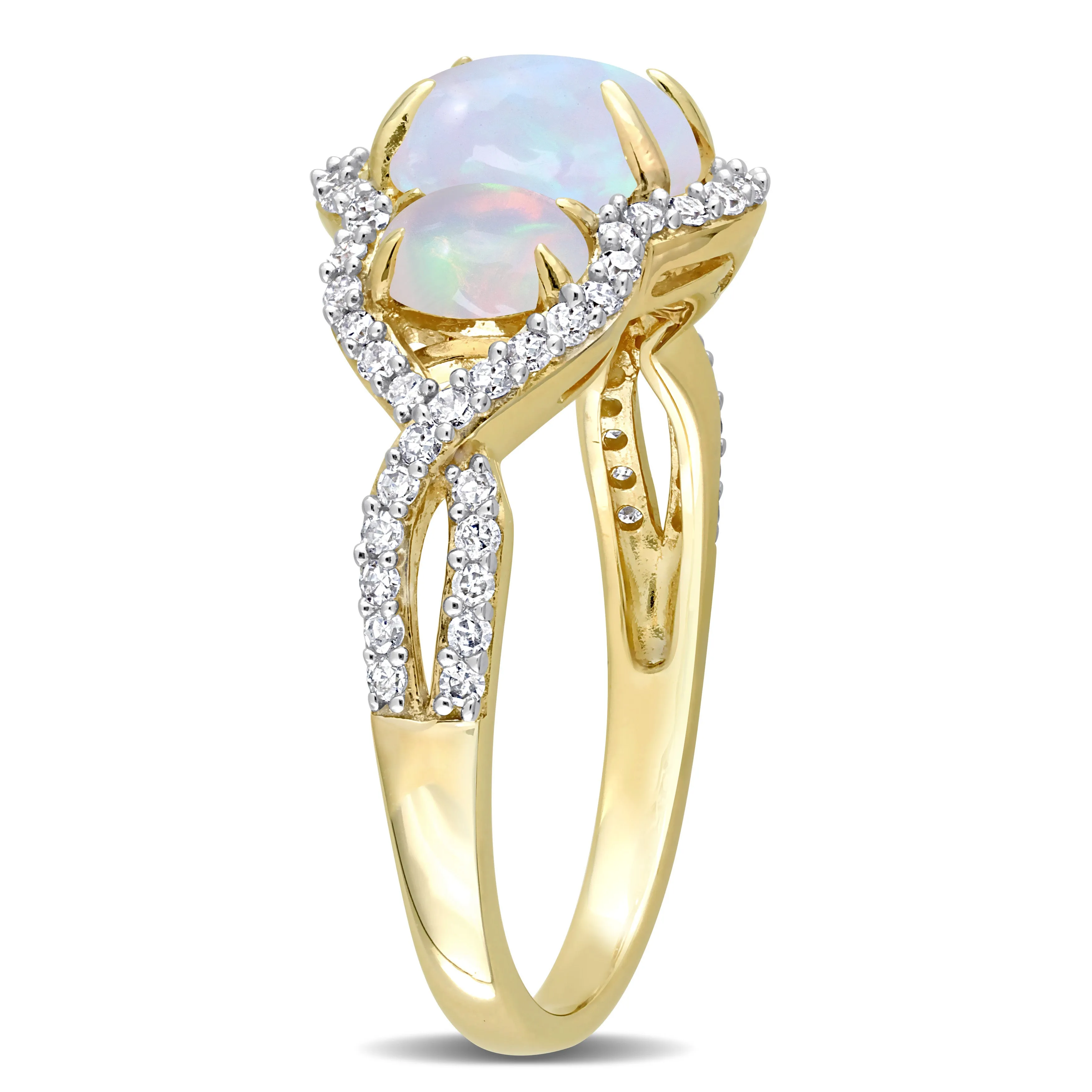 1 1/4 CT TGW Oval Cut Ethiopian Blue Opal and 1/3 CT TW Diamond Halo 3-Stone Ring in 10K Yellow Gold