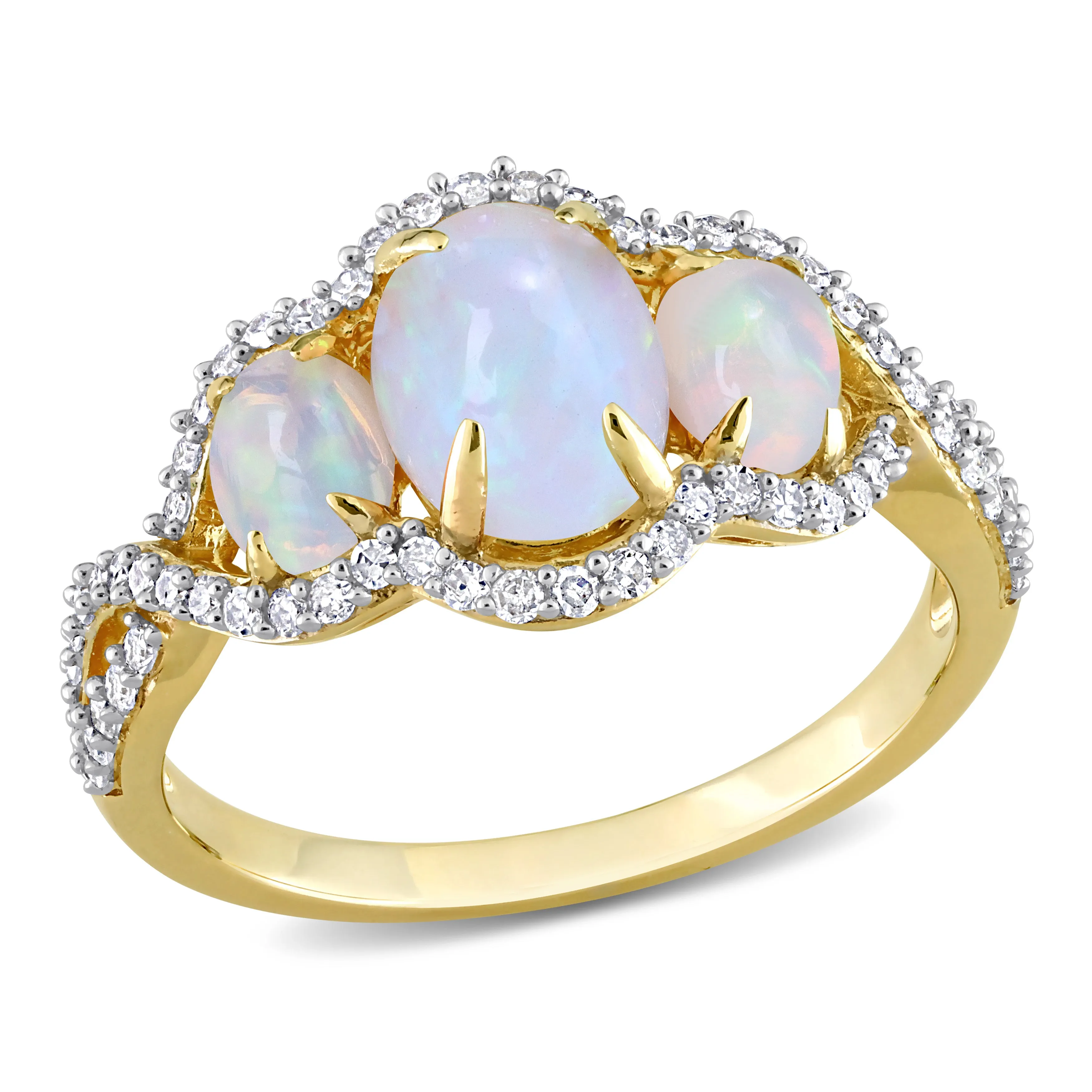 1 1/4 CT TGW Oval Cut Ethiopian Blue Opal and 1/3 CT TW Diamond Halo 3-Stone Ring in 10K Yellow Gold