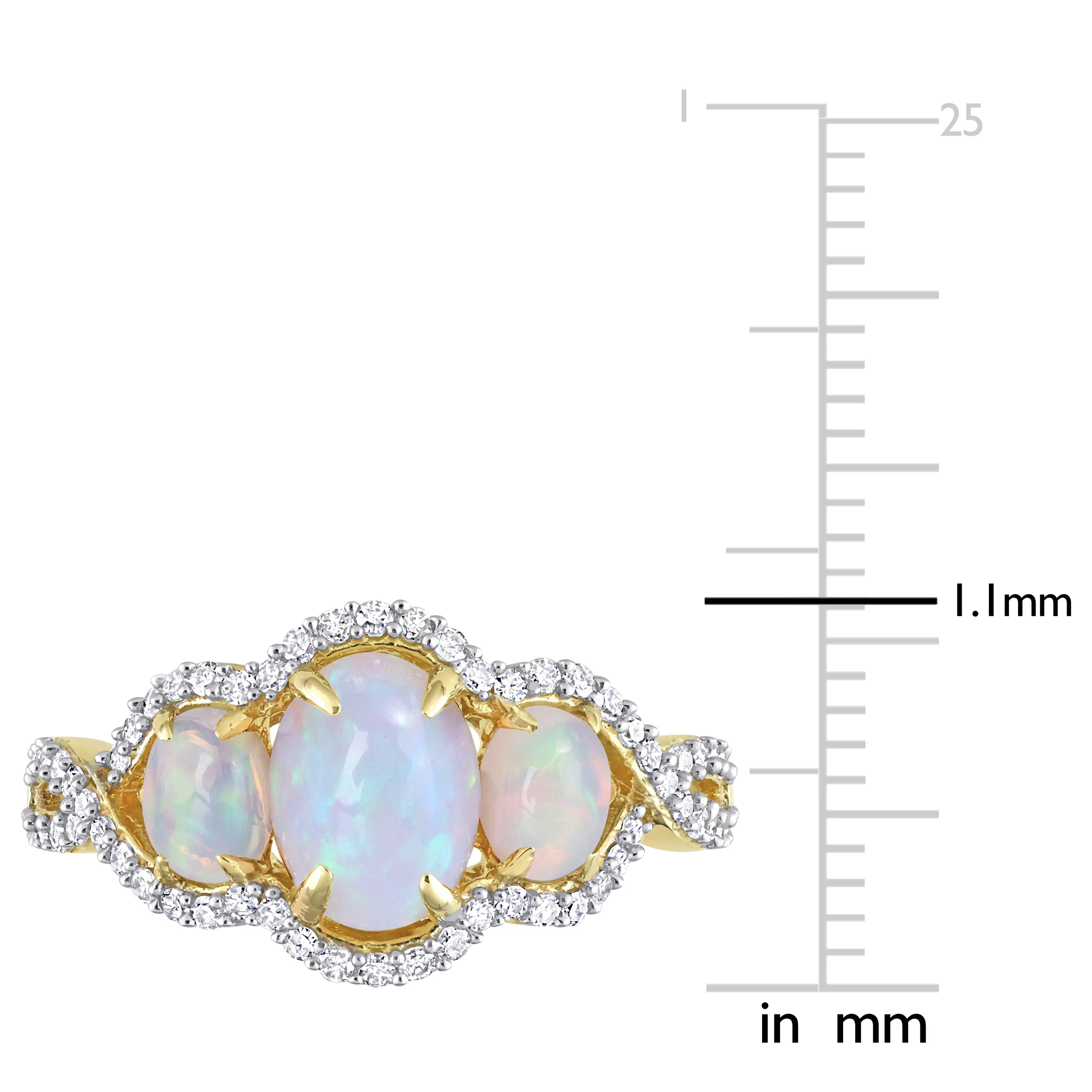 1 1/4 CT TGW Oval Cut Ethiopian Blue Opal and 1/3 CT TW Diamond Halo 3-Stone Ring in 10K Yellow Gold