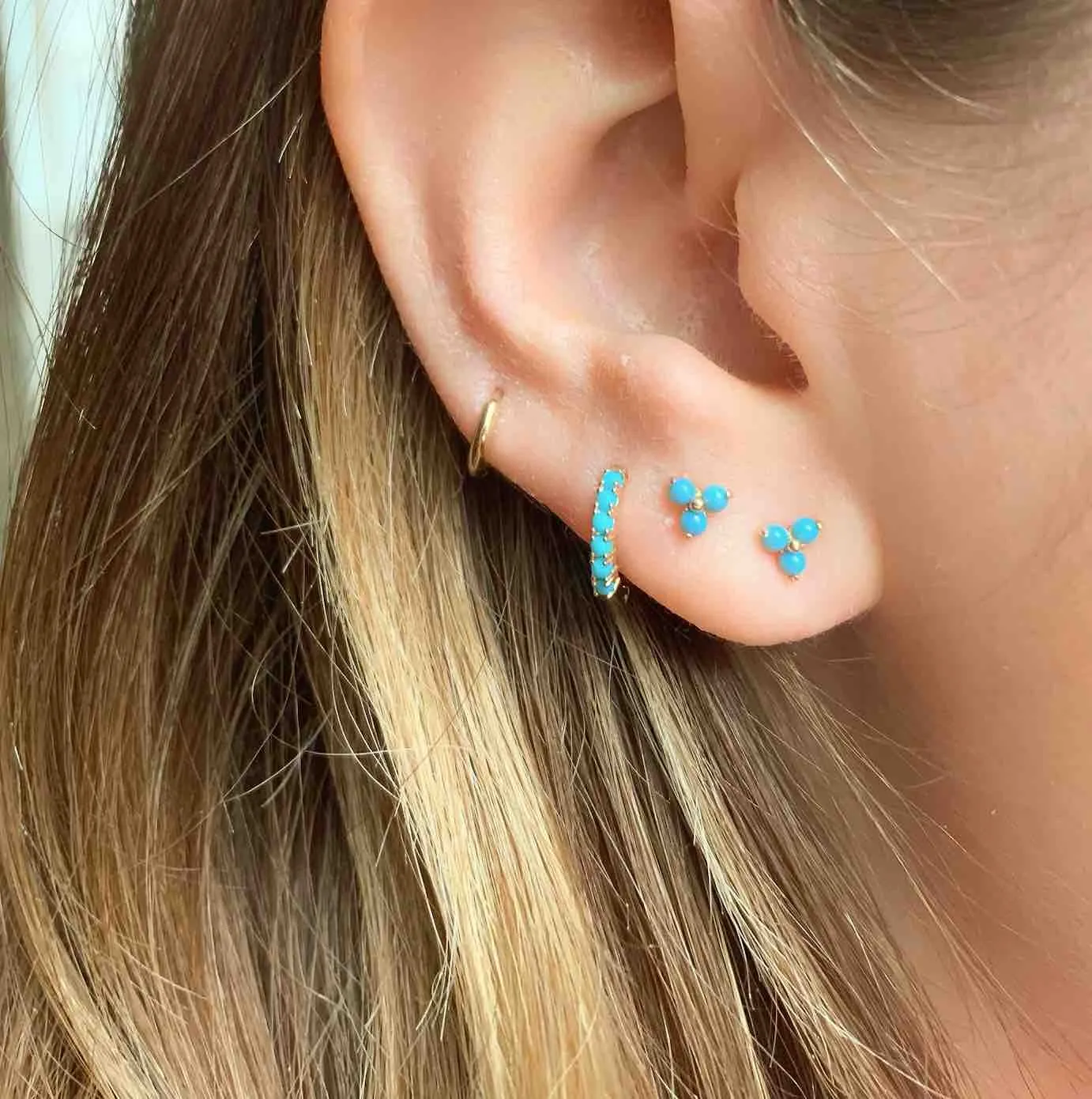 14K Gold Turquoise Trio Stud Earrings