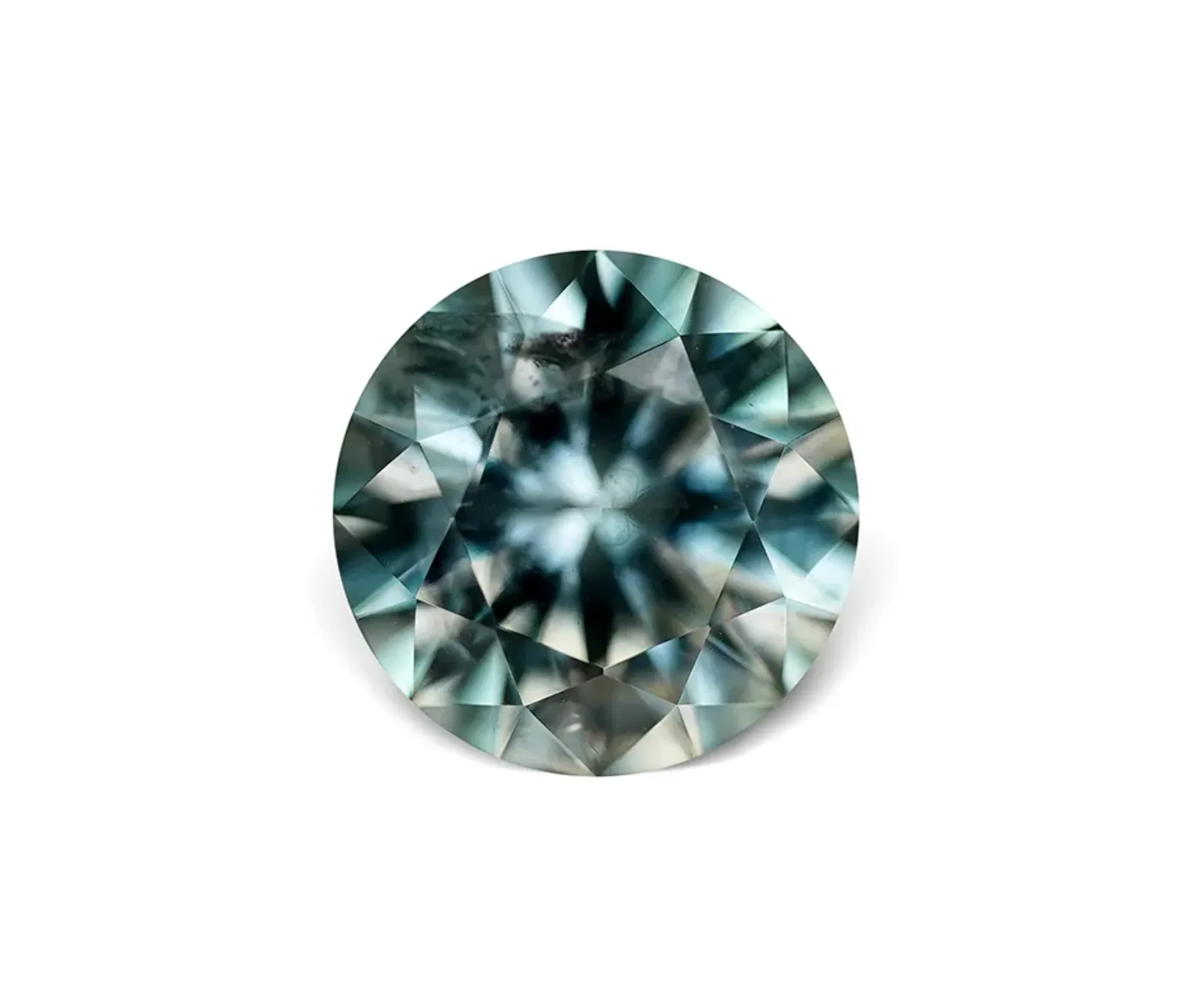 2.48CT ROUND BRILLIANT PRECISION CUT MONTANA SAPPHIRE, BICOLOR GREEN GREY WHITE, 8MM