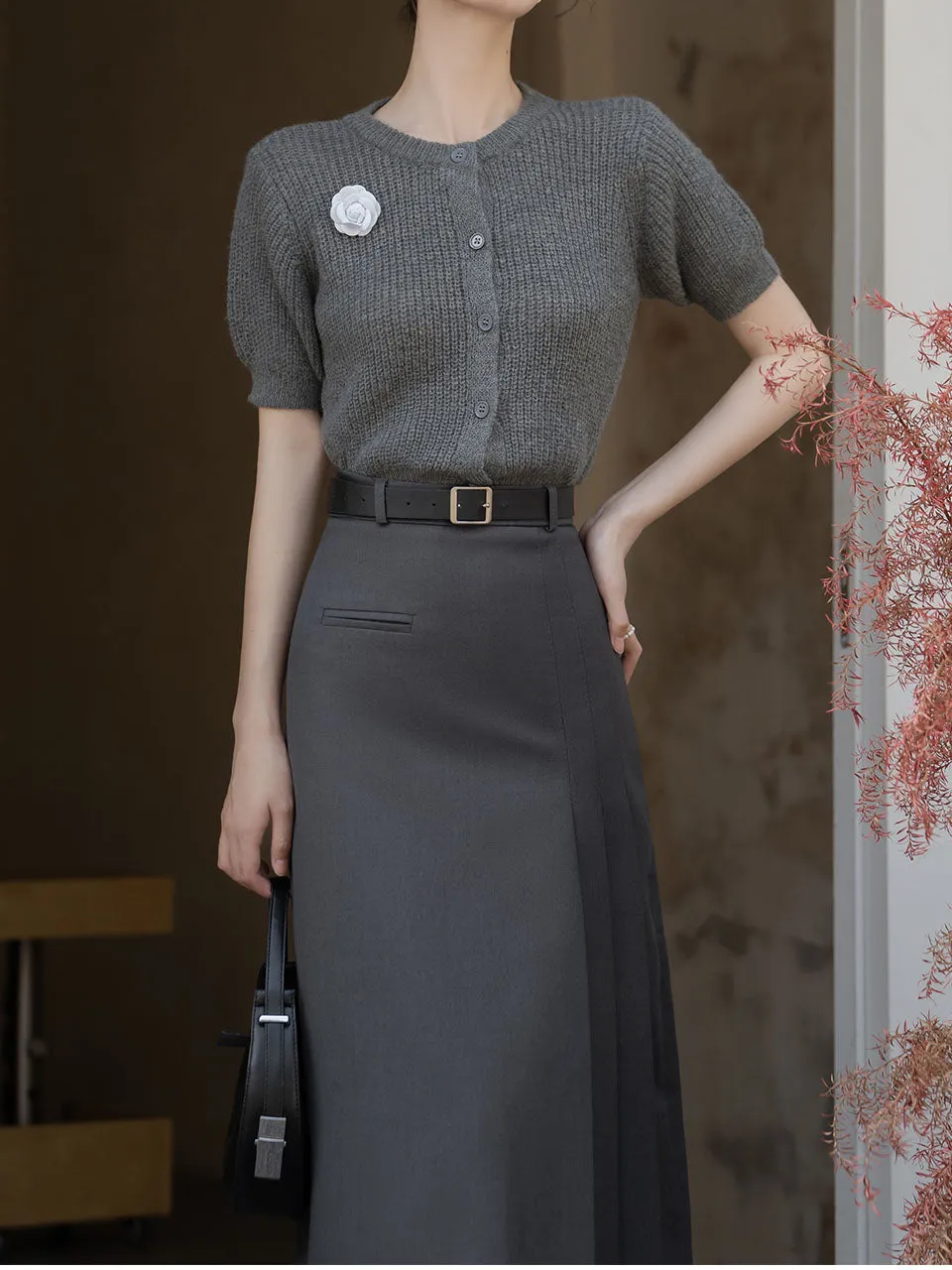 2PS Grey Short Sleeve Knitted Sweater And Fishtail Skirt Suit