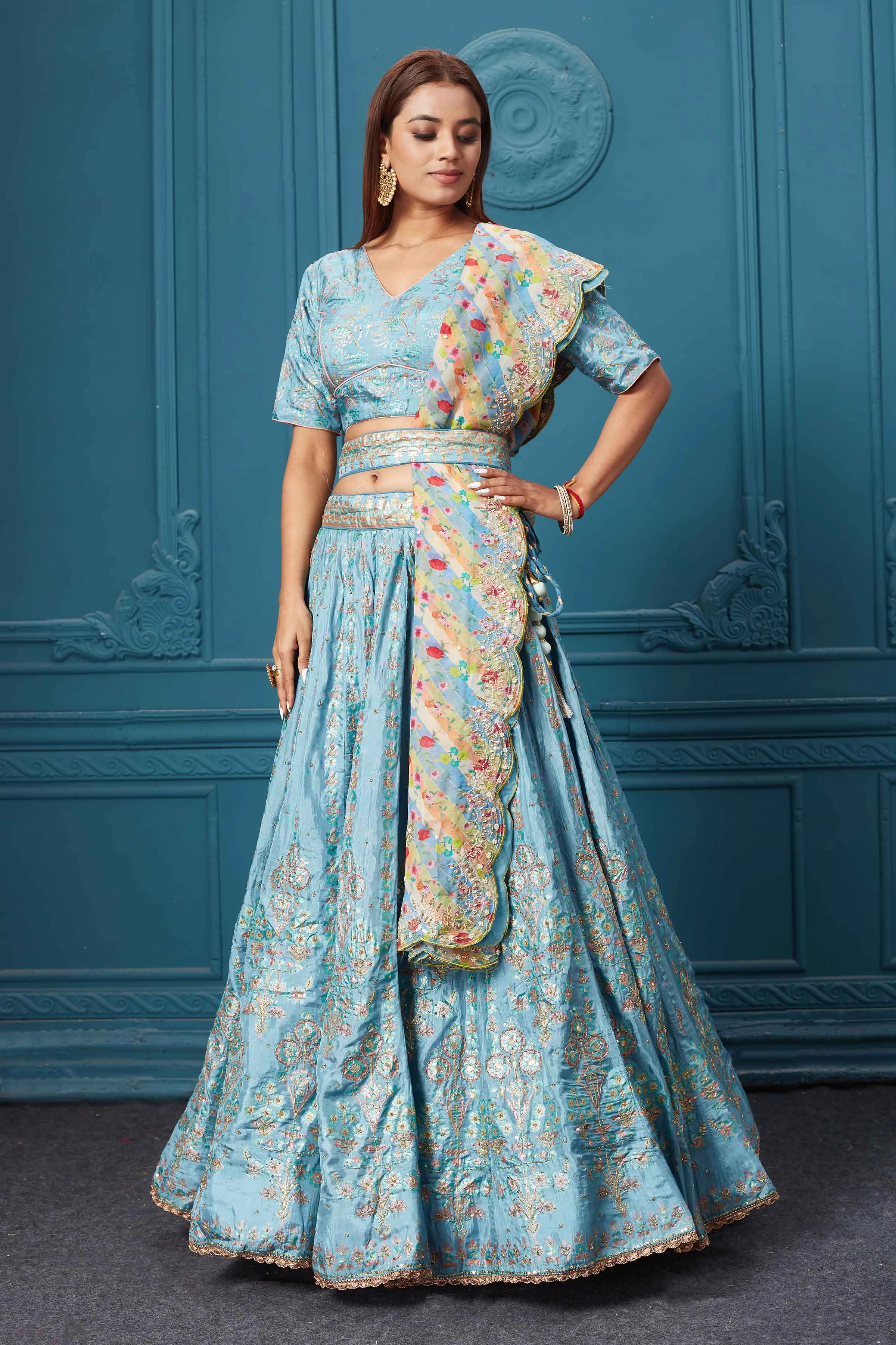 310040 Light Blue Embroidered Lehenga with Dupatta & Belt