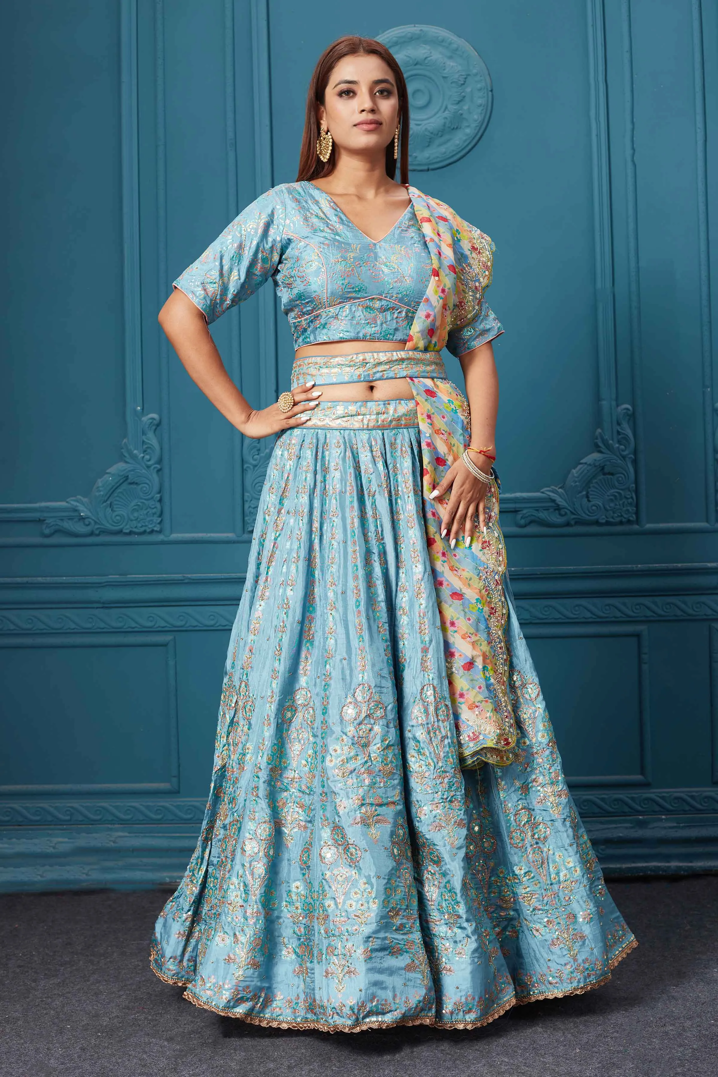 310040 Light Blue Embroidered Lehenga with Dupatta & Belt