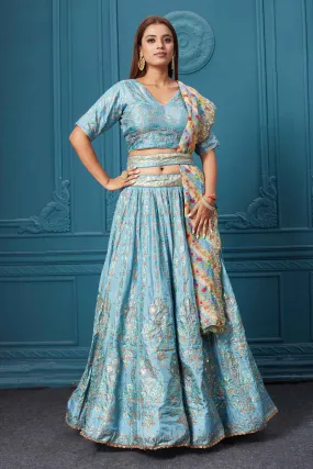 310040 Light Blue Embroidered Lehenga with Dupatta & Belt