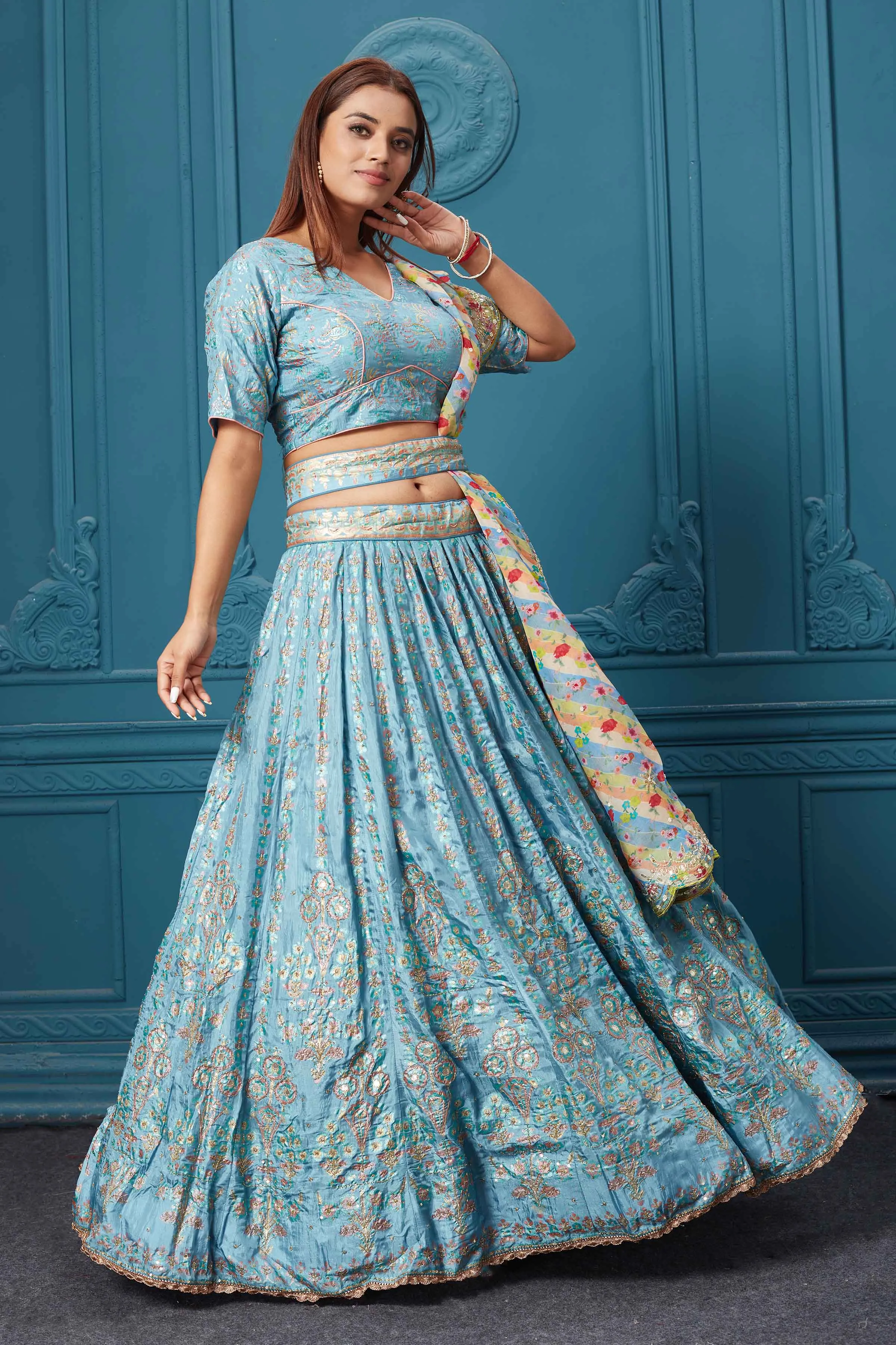 310040 Light Blue Embroidered Lehenga with Dupatta & Belt