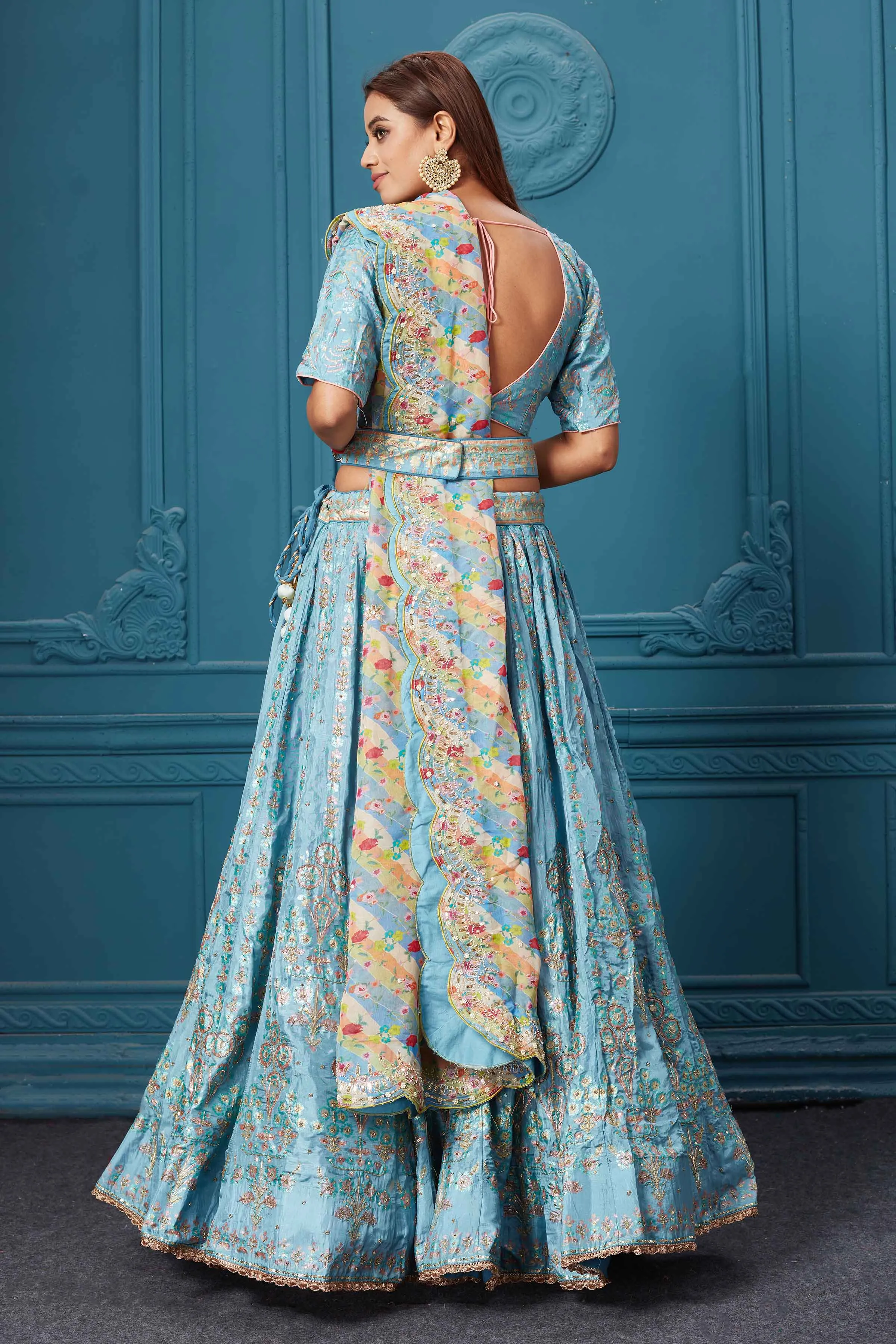 310040 Light Blue Embroidered Lehenga with Dupatta & Belt