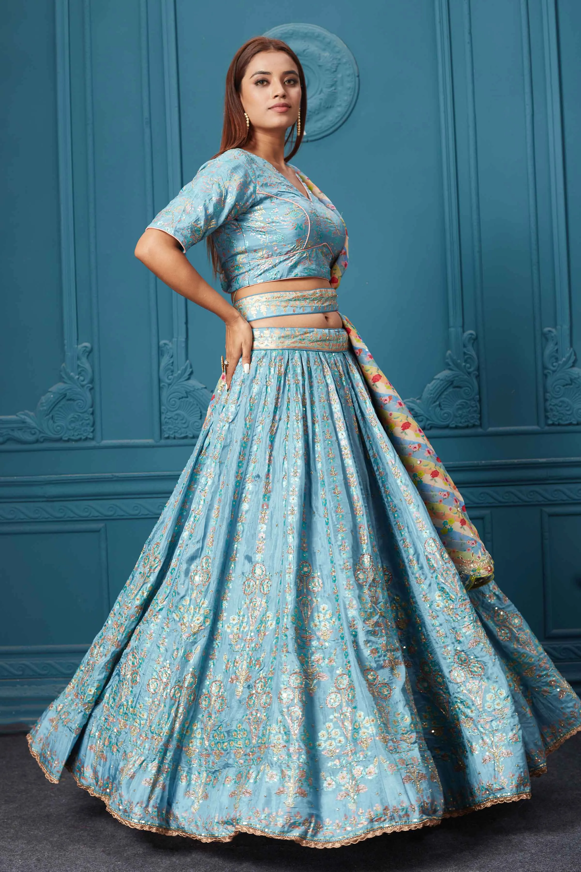 310040 Light Blue Embroidered Lehenga with Dupatta & Belt