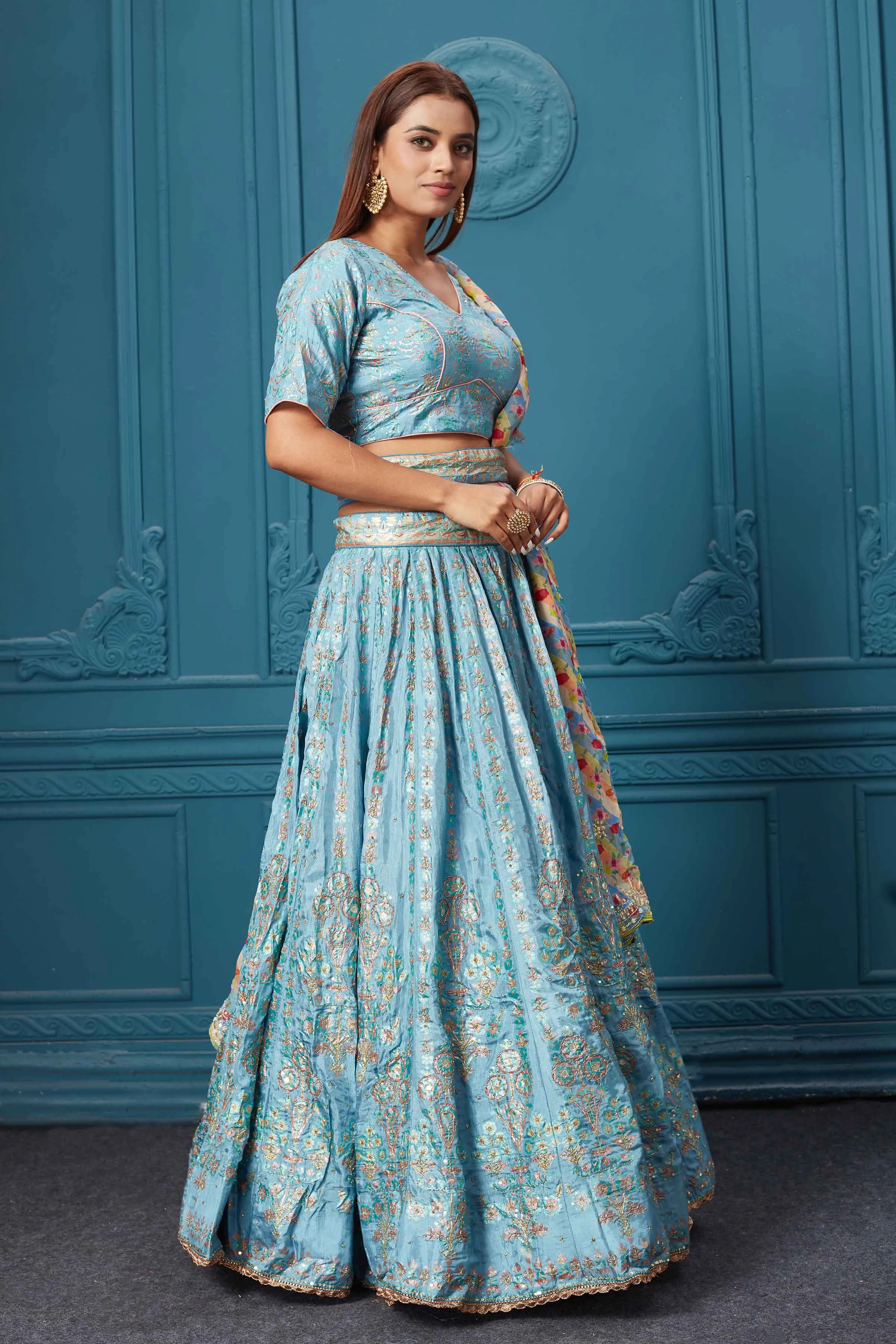 310040 Light Blue Embroidered Lehenga with Dupatta & Belt