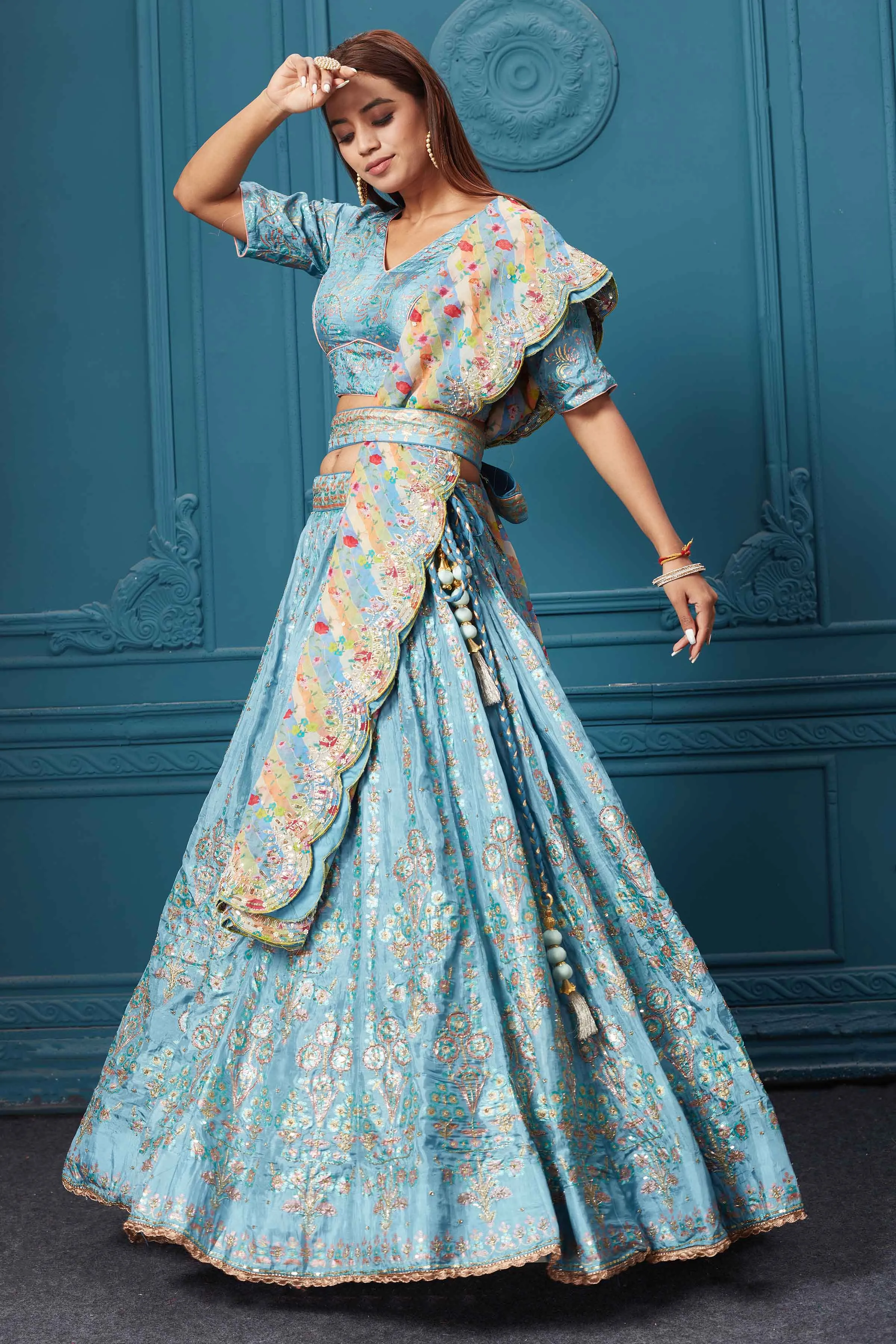 310040 Light Blue Embroidered Lehenga with Dupatta & Belt