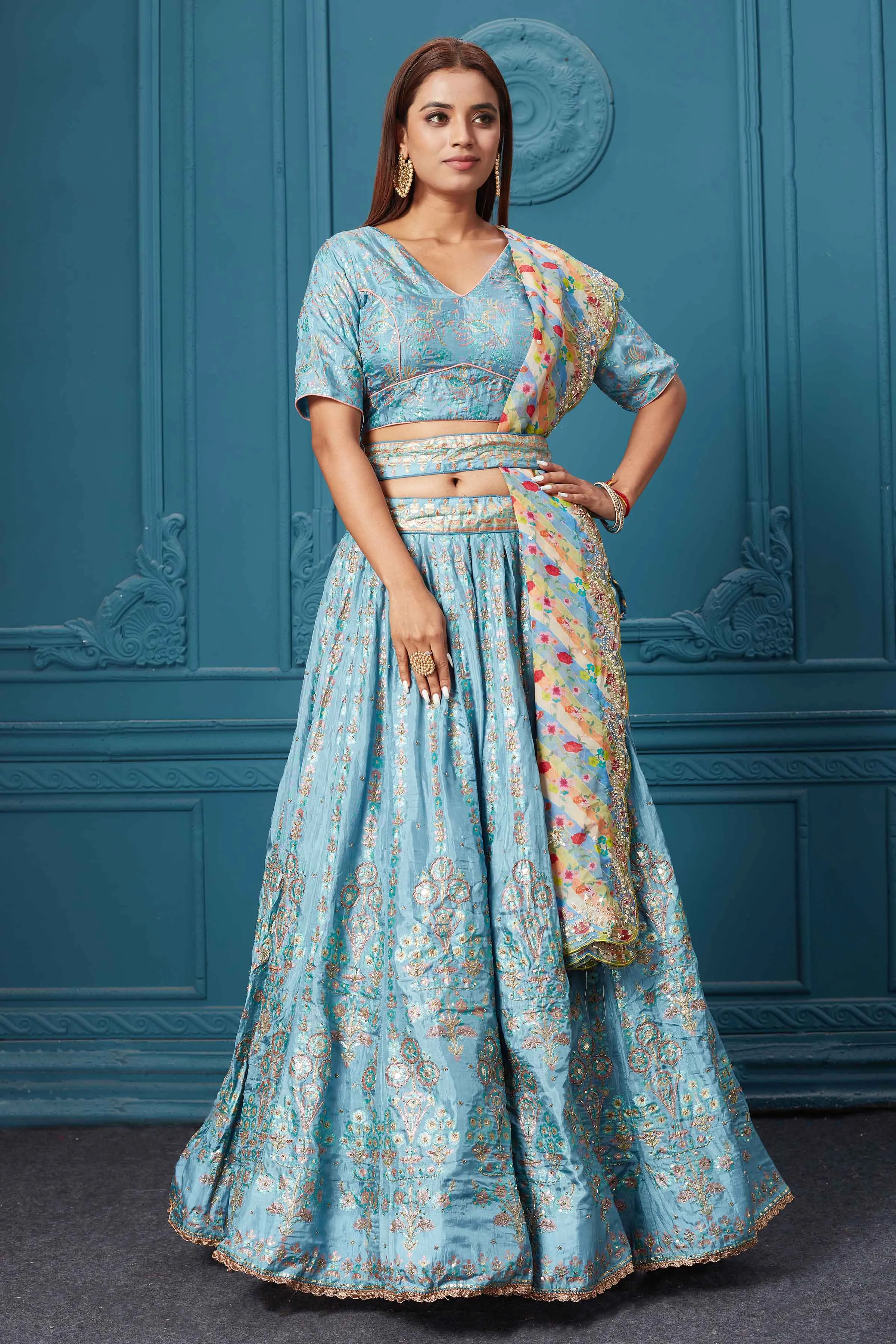 310040 Light Blue Embroidered Lehenga with Dupatta & Belt