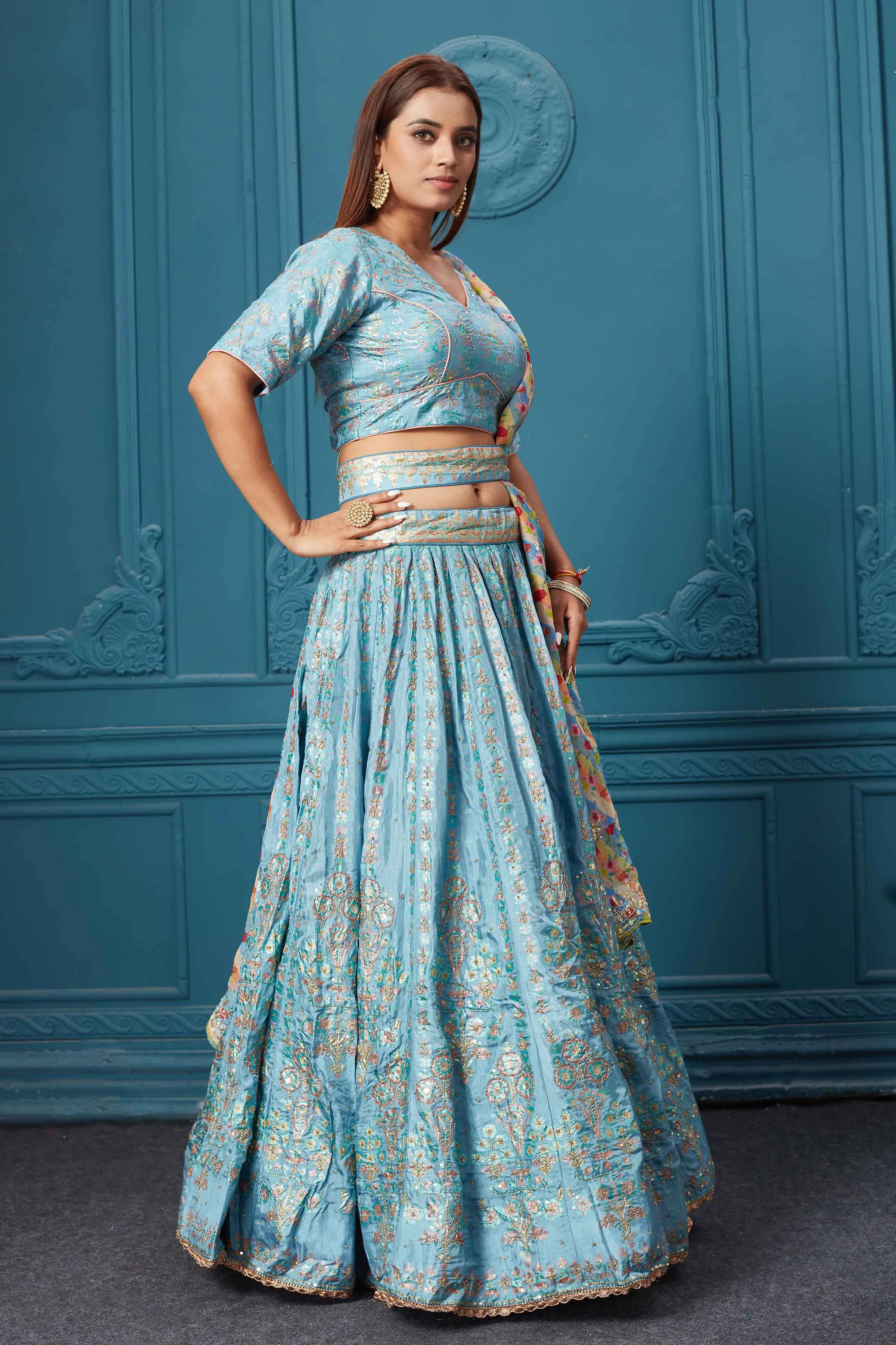 310040 Light Blue Embroidered Lehenga with Dupatta & Belt