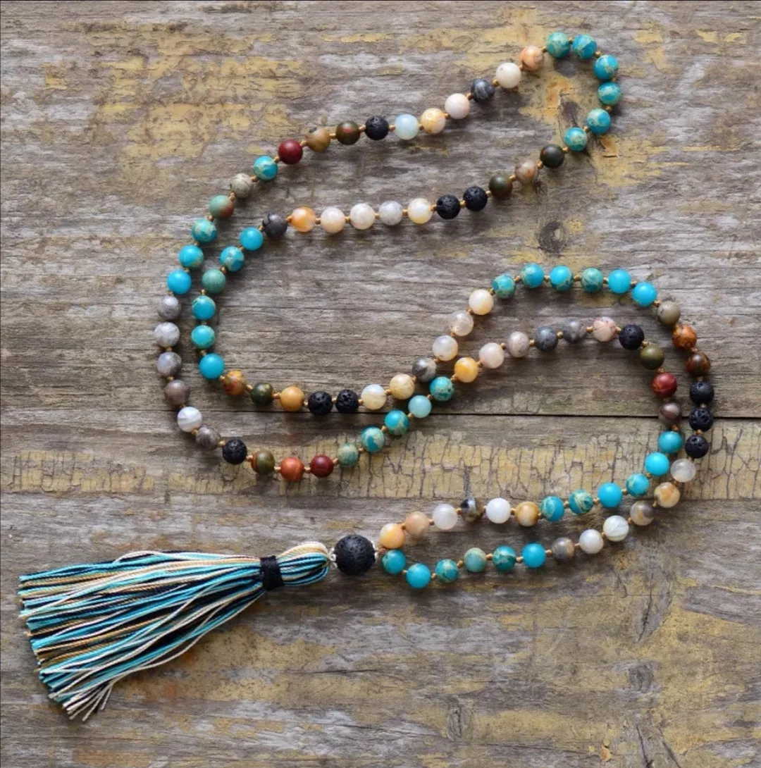 7 Stone Imperial Jasper Lava Mala Beaded Tassel Necklace