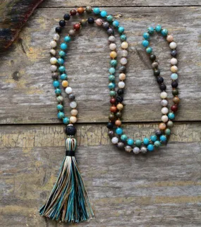 7 Stone Imperial Jasper Lava Mala Beaded Tassel Necklace