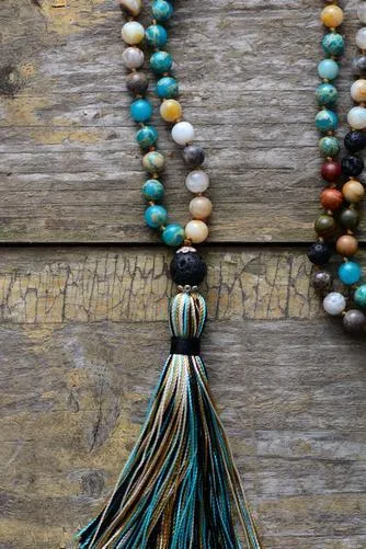 7 Stone Imperial Jasper Lava Mala Beaded Tassel Necklace