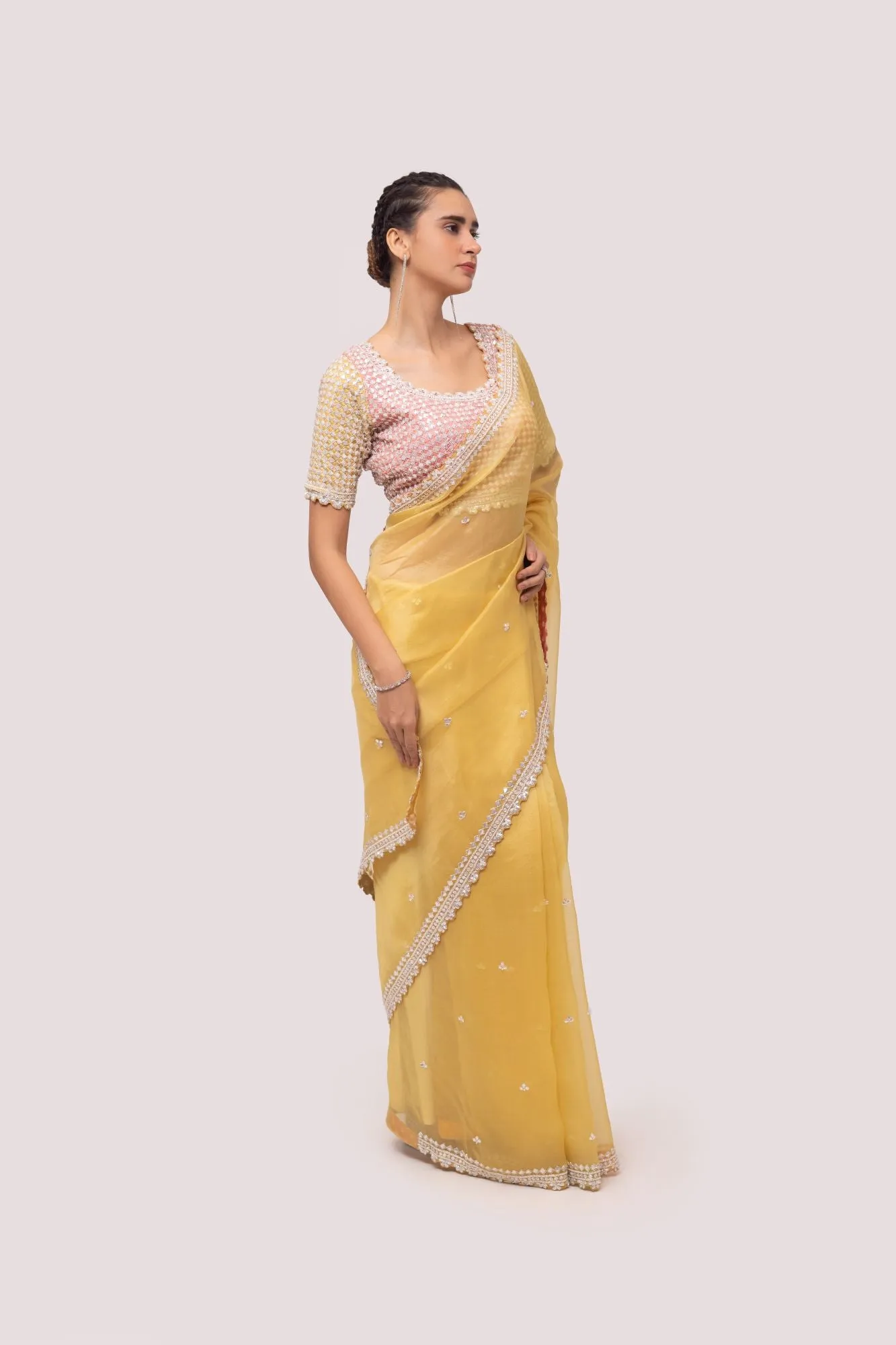 90Z786-RO Yellow Georgette Saree with Embroidered Border