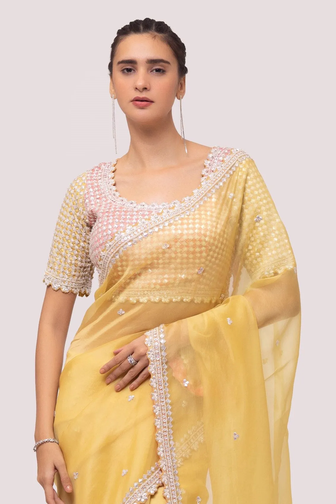 90Z786-RO Yellow Georgette Saree with Embroidered Border