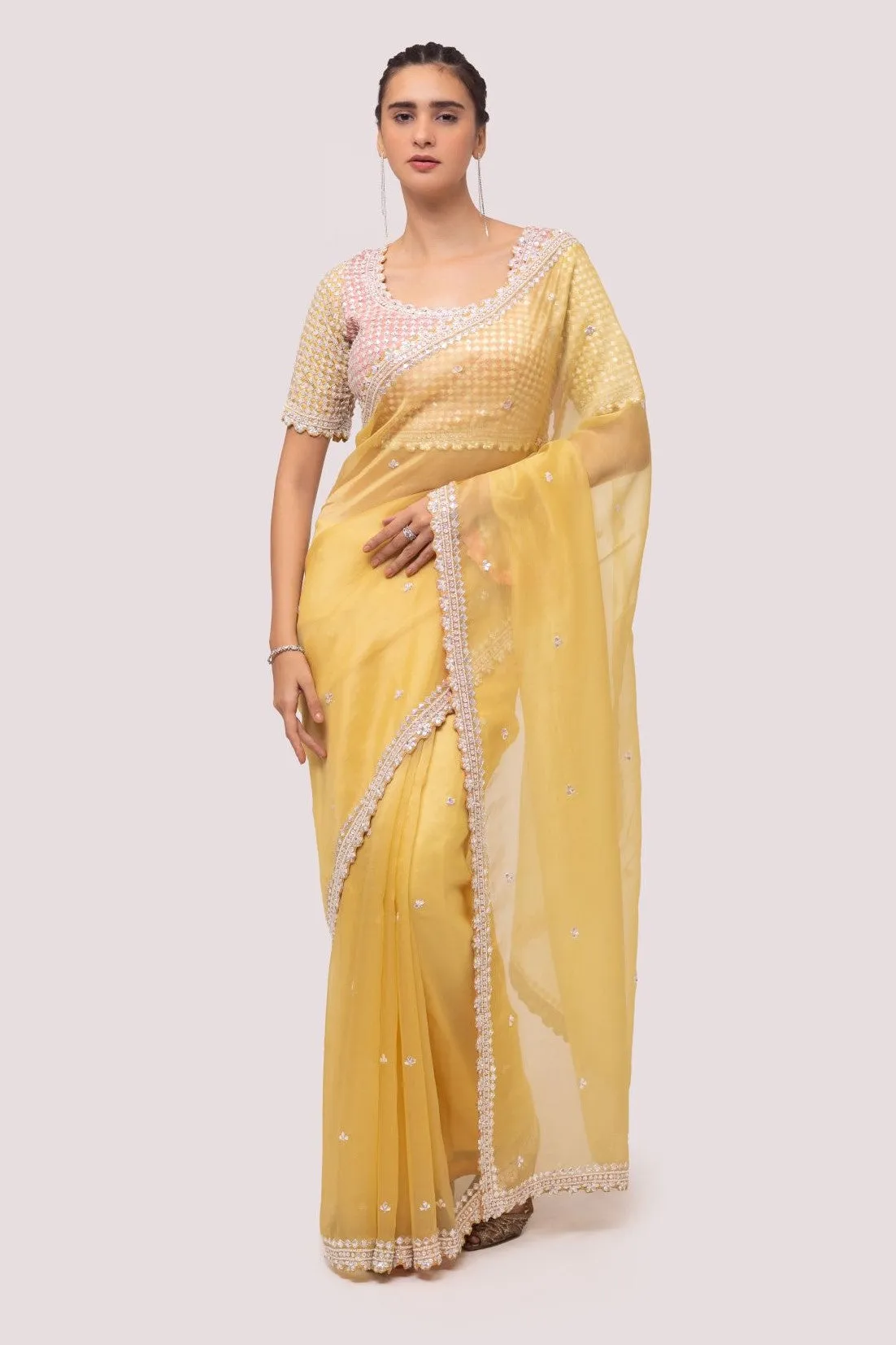 90Z786-RO Yellow Georgette Saree with Embroidered Border