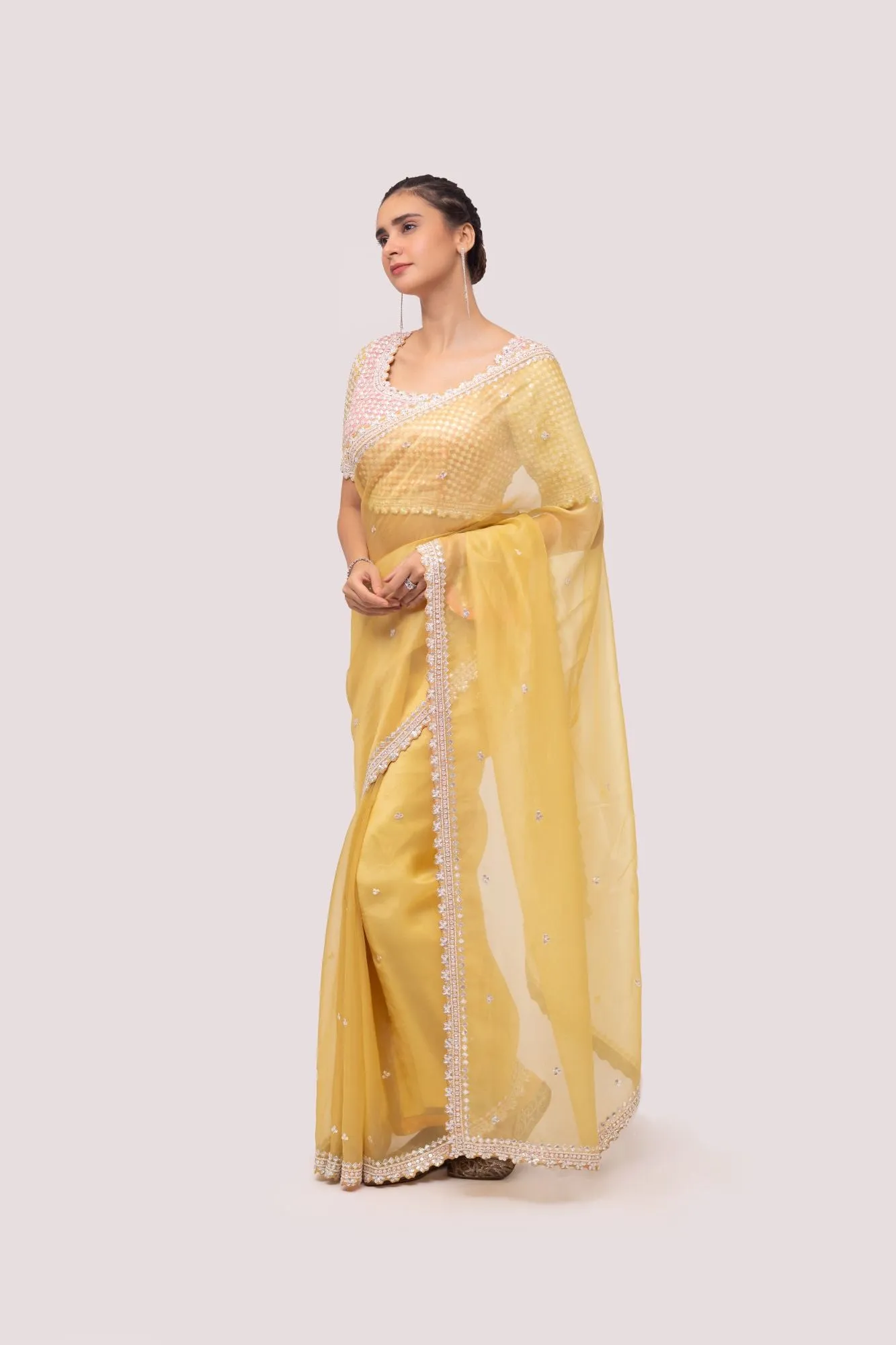 90Z786-RO Yellow Georgette Saree with Embroidered Border