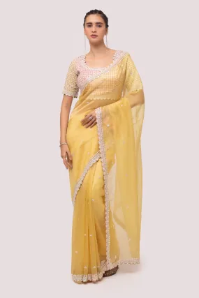 90Z786-RO Yellow Georgette Saree with Embroidered Border