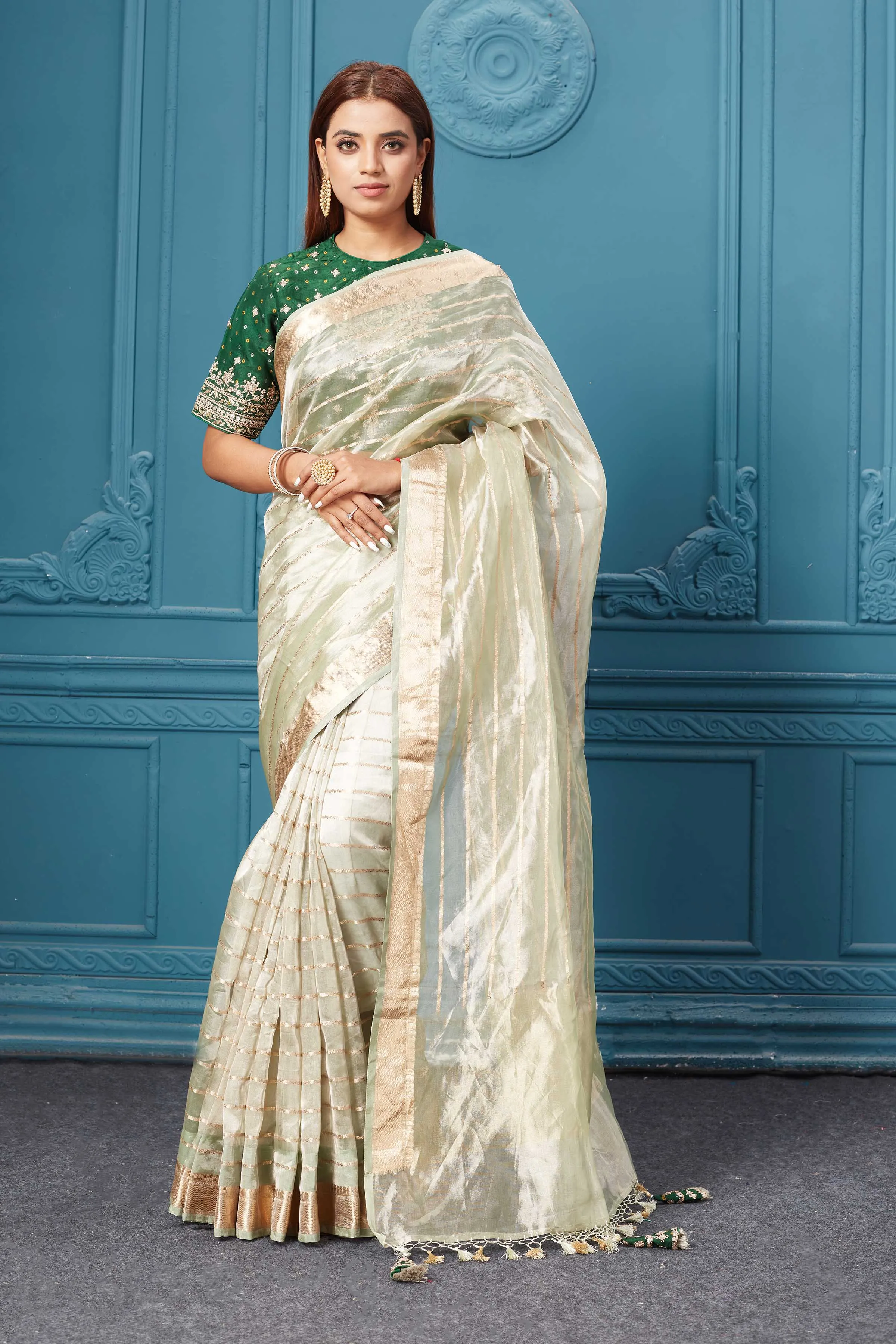 91A075 Golden Green Organza Silk Sari with Embroidered Green Blouse