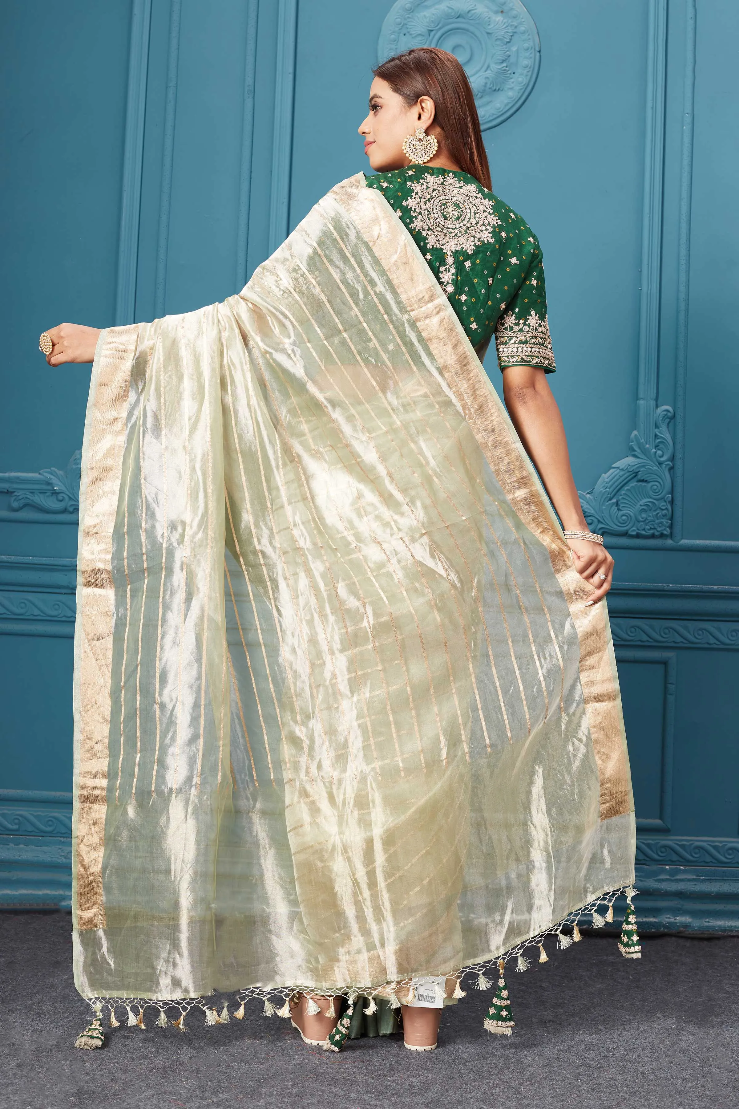 91A075 Golden Green Organza Silk Sari with Embroidered Green Blouse