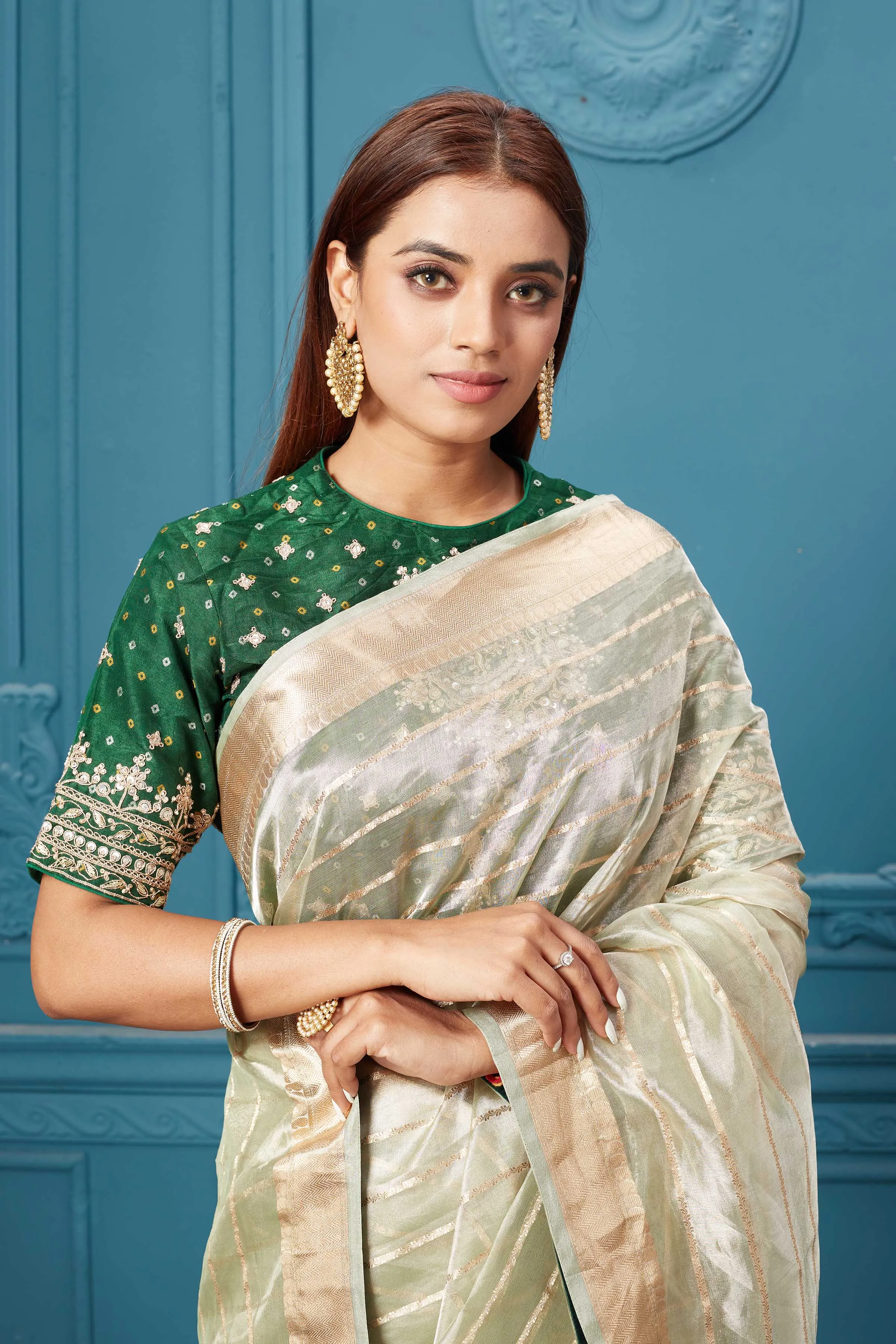 91A075 Golden Green Organza Silk Sari with Embroidered Green Blouse