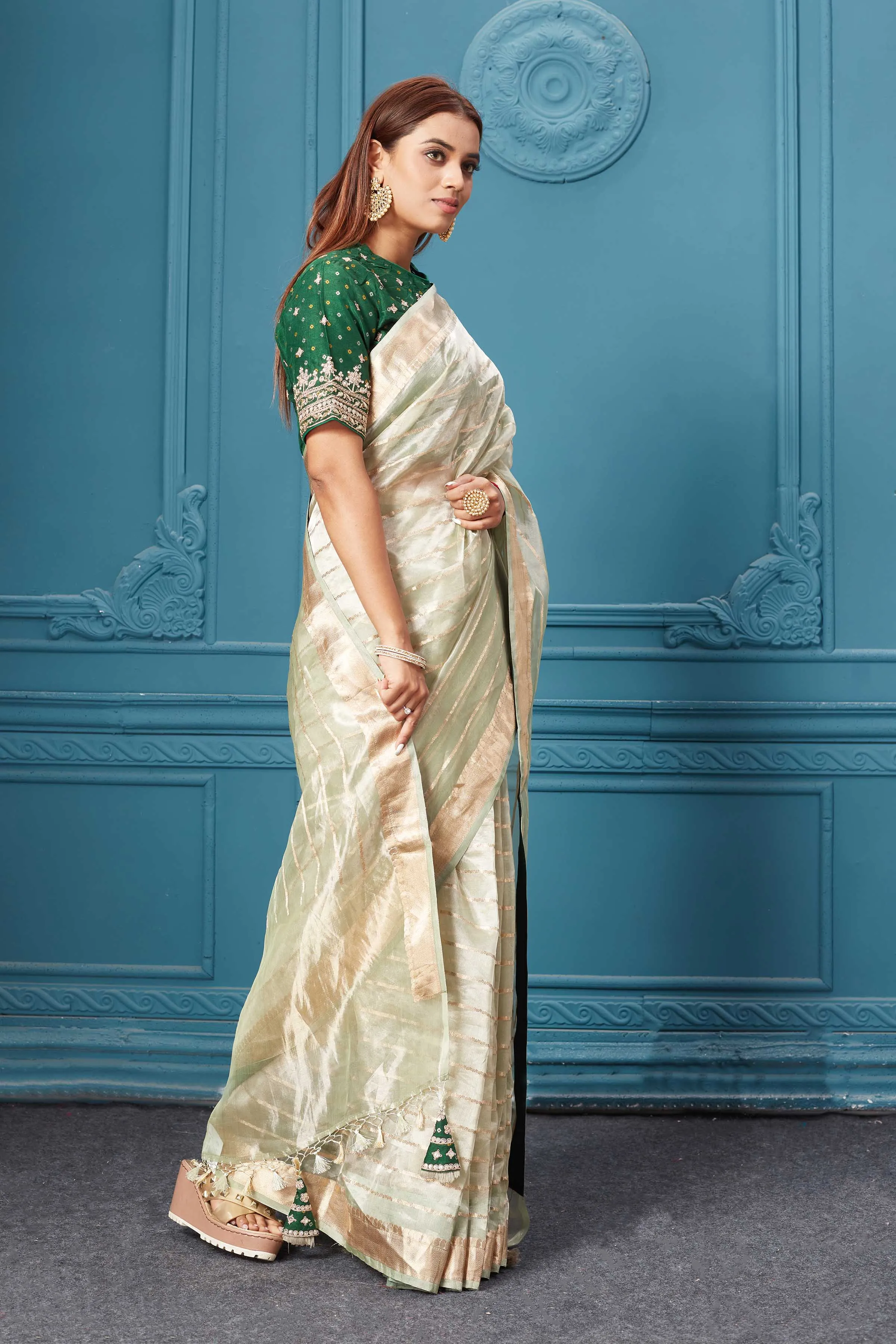 91A075 Golden Green Organza Silk Sari with Embroidered Green Blouse