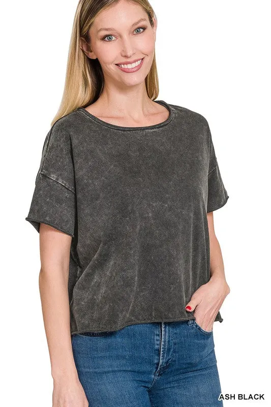 Acid Wash Short Sleeve Top in Sand, Green, Pink and Black