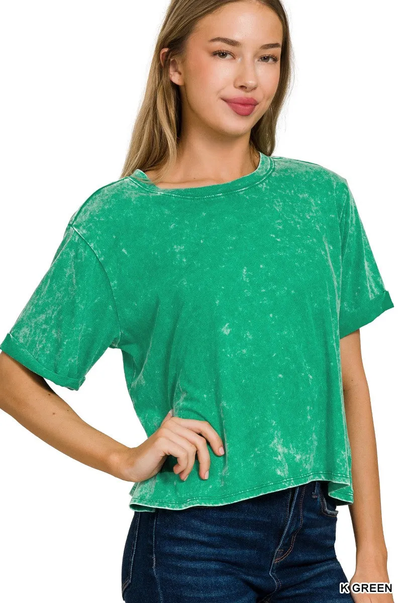 Acid Wash Short Sleeve Top in Sand, Green, Pink and Black