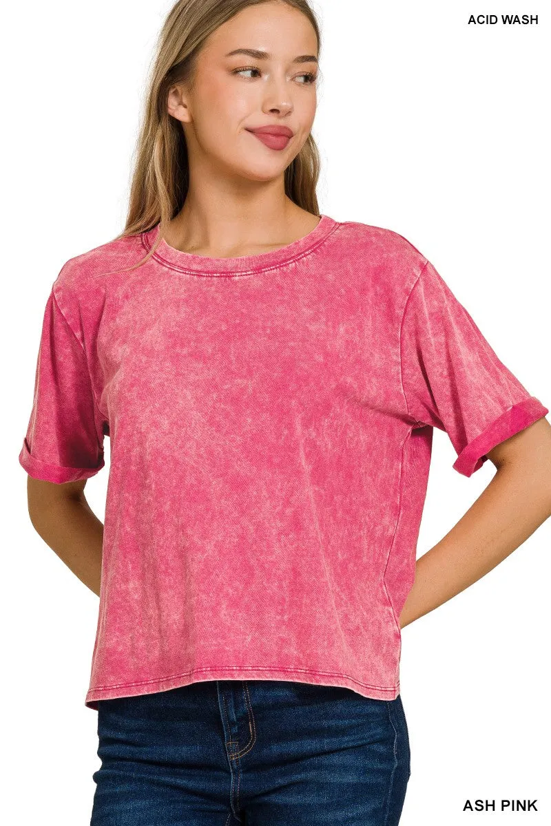 Acid Wash Short Sleeve Top in Sand, Green, Pink and Black