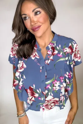 Ambitious Color Denim Floral Print Ruffle Detailed Button Down Blouse