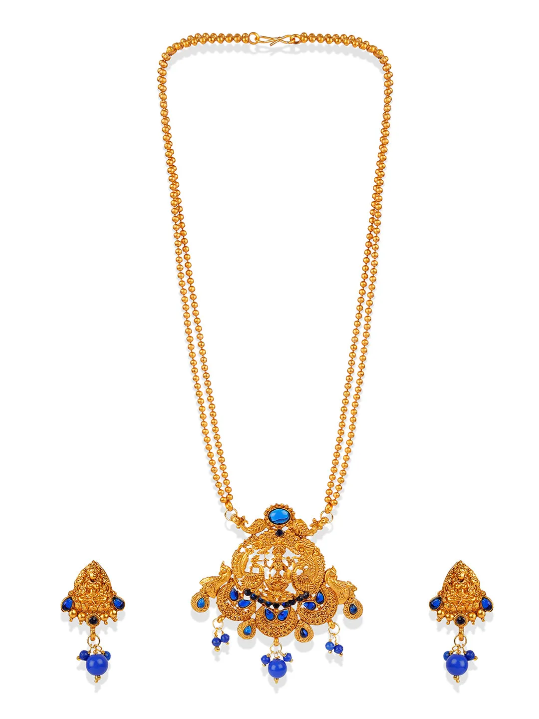 Antique Matte Gold Finish Blue Stone Studded Temple Jewellery Set - Anikas Creation