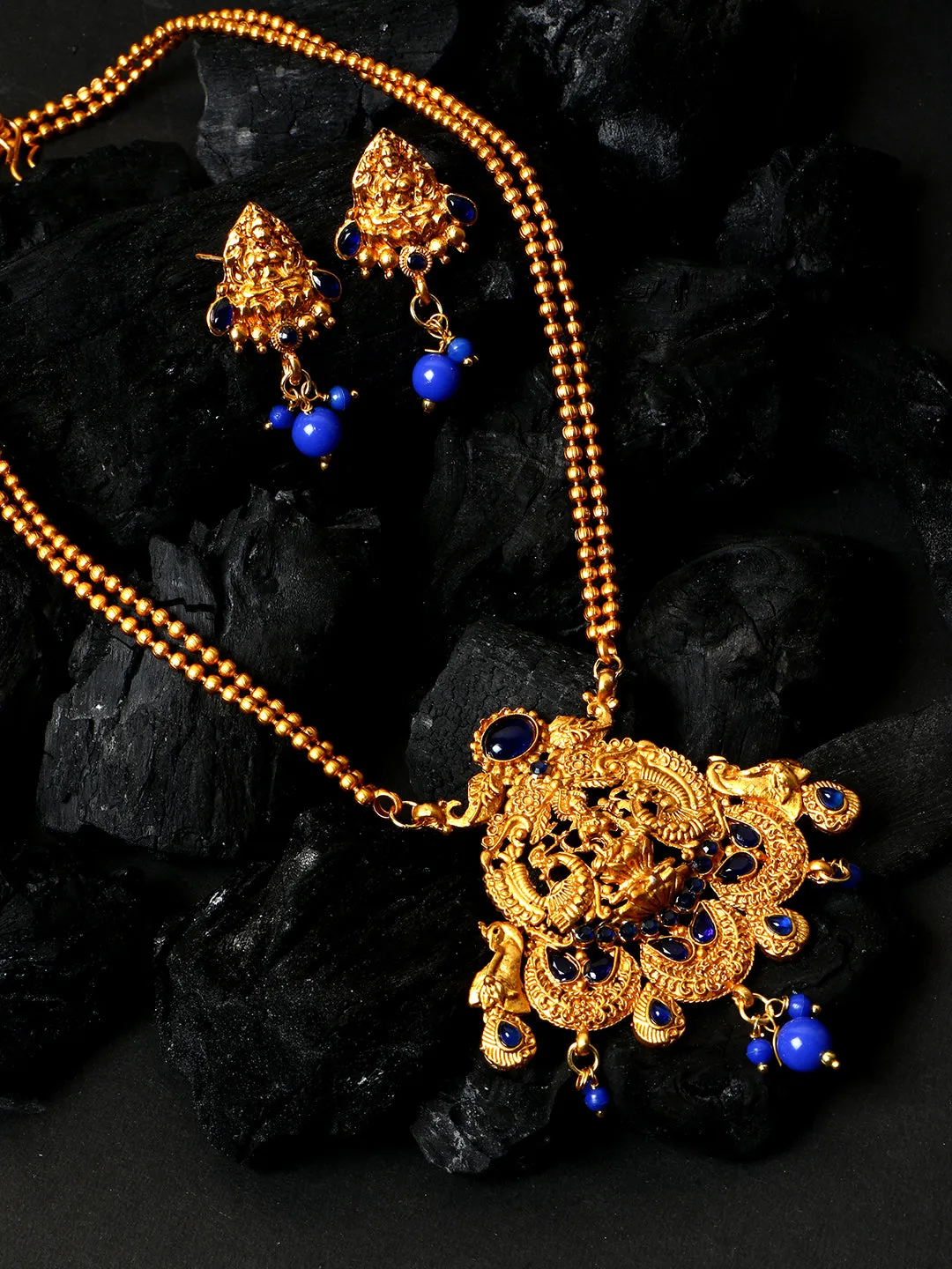 Antique Matte Gold Finish Blue Stone Studded Temple Jewellery Set - Anikas Creation