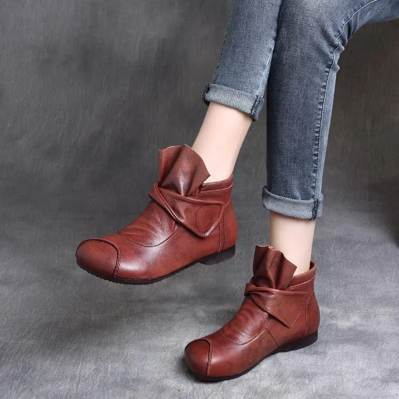 Autumn Winter Ethnic Retro Leather Handmade Soft Bottom Velcro Boots