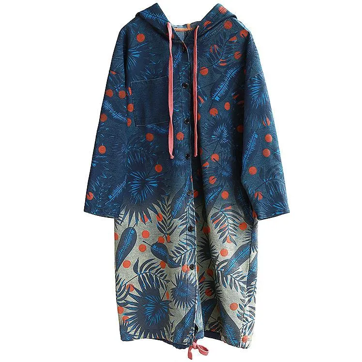 BABAKUD Retro Long Section Printing Loose Hooded Denim Windbreaker Coat