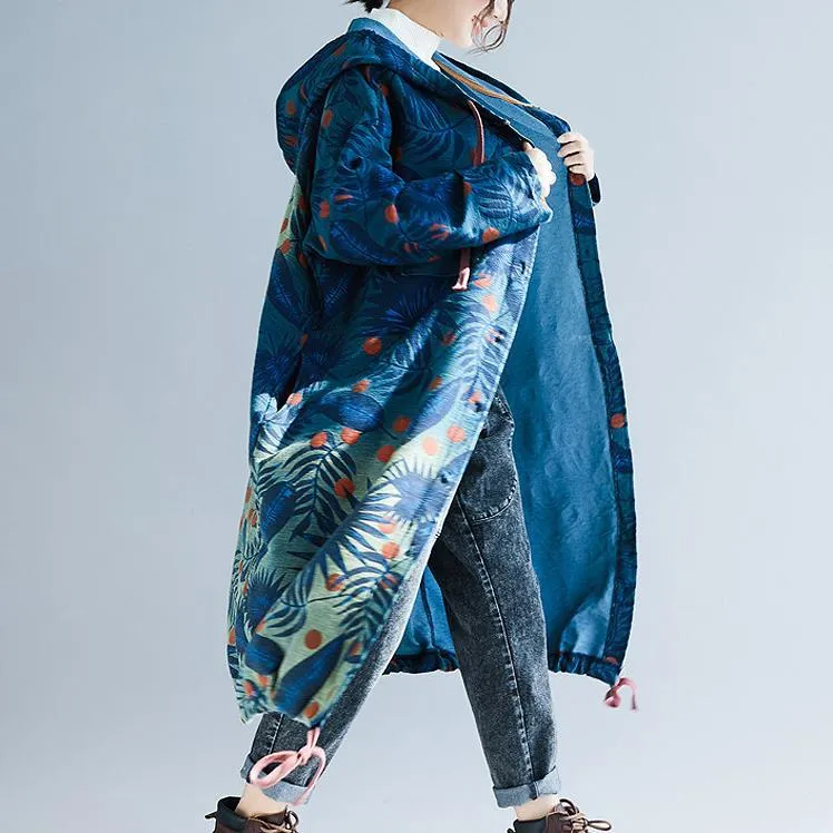 BABAKUD Retro Long Section Printing Loose Hooded Denim Windbreaker Coat