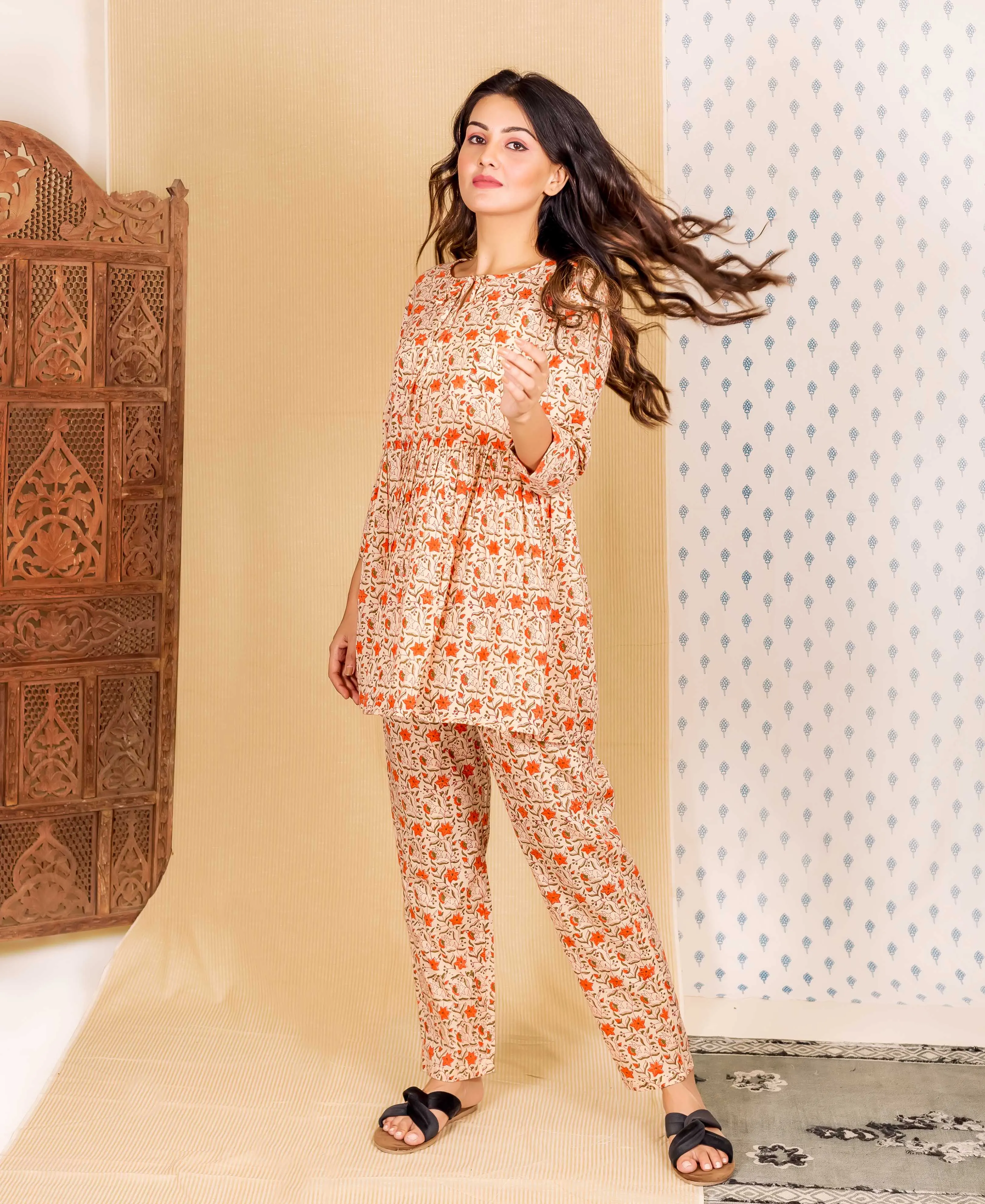 Beige and Orange Hand Block Printed Night Suit