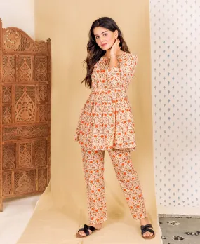 Beige and Orange Hand Block Printed Night Suit