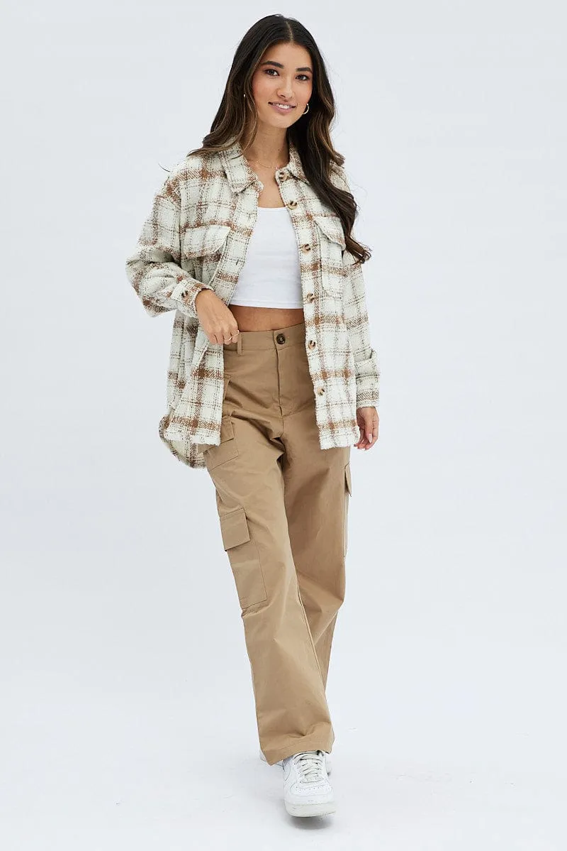 Beige Check Checked Shirt Long Sleeves Collared