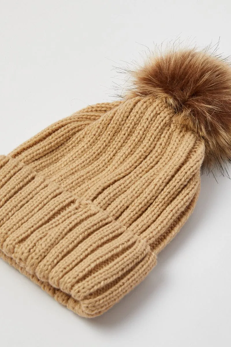 Beige Faux Fur Pom Pom Beanie