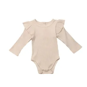 Beige Ribbed Flutter Sleeve Romper Onesie - Baby Girls Layette