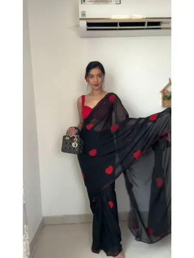 Black Thread Work 1 Minute Saree Georgette Ready to Wear Sari