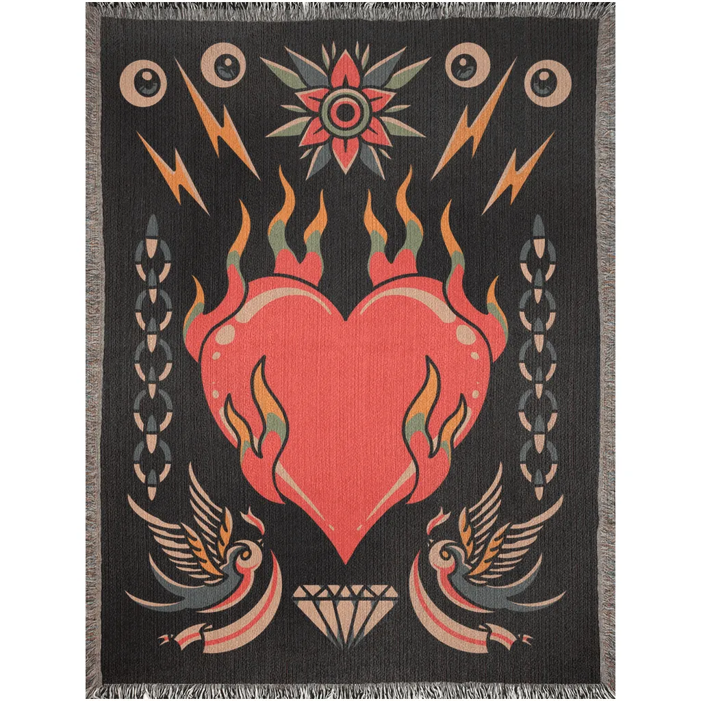 Bleeding Heart Traditional Tattoo Style Woven Fringe Blanket / / Wall tapestry or throw for sofa, maximalist decor,  tattoo home decor (Copy)