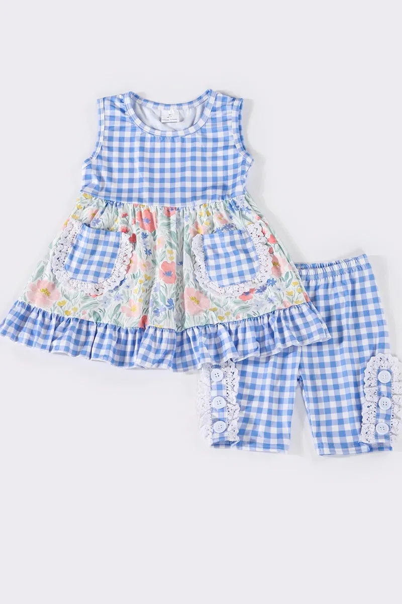 Blue floral plaid pocket girl set