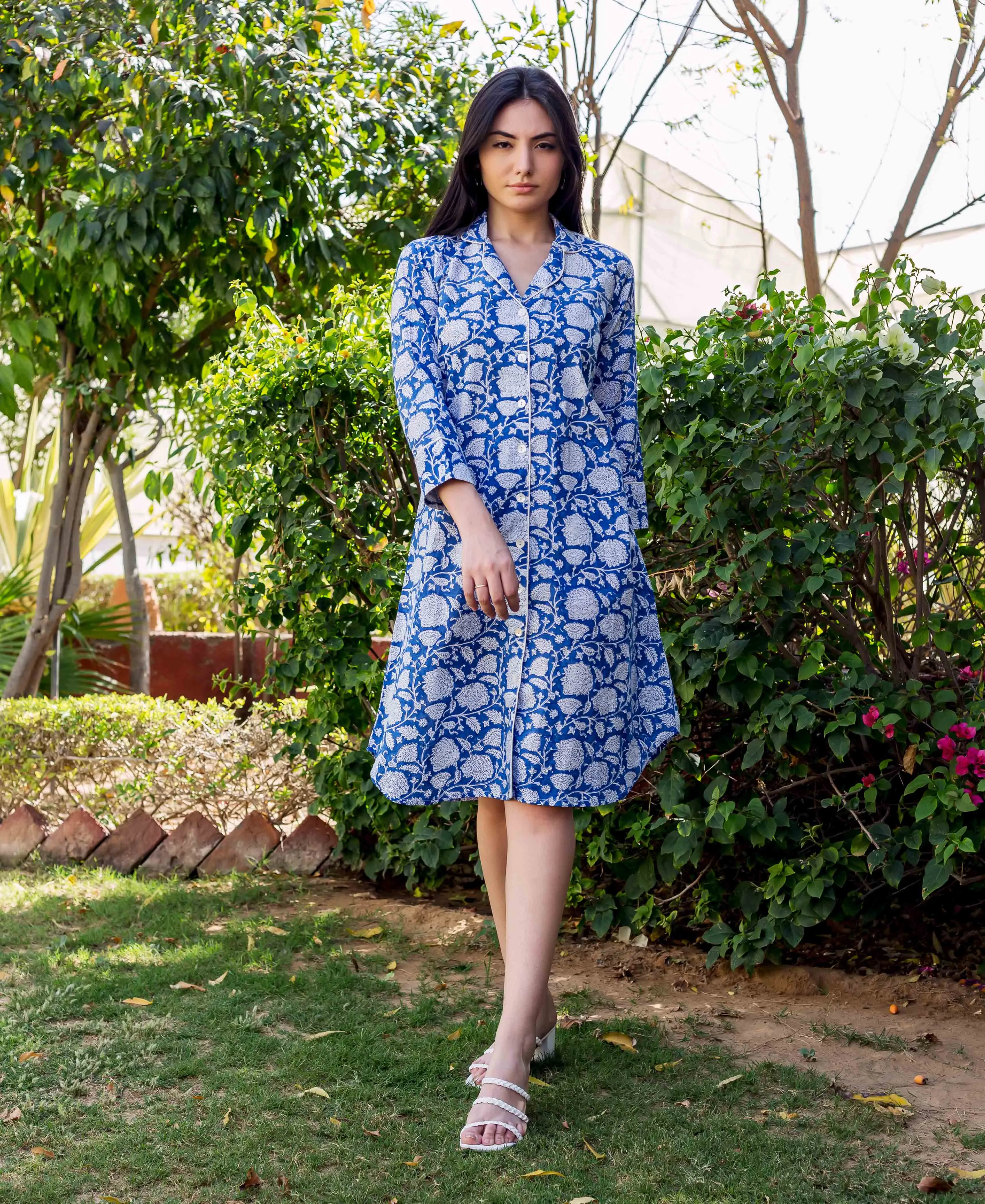 Blue Printed Shirt Style Lounge Wear