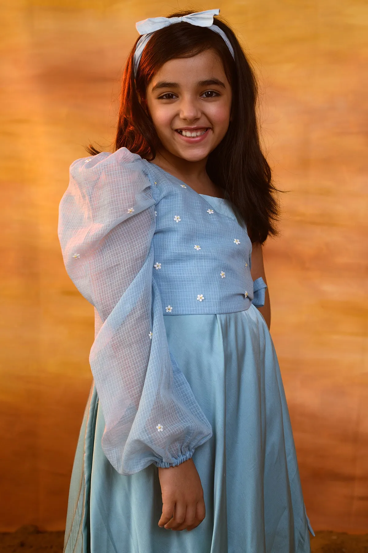 Blue Yonder-German Satin Dress With Kota Doriya Shrug For Girls