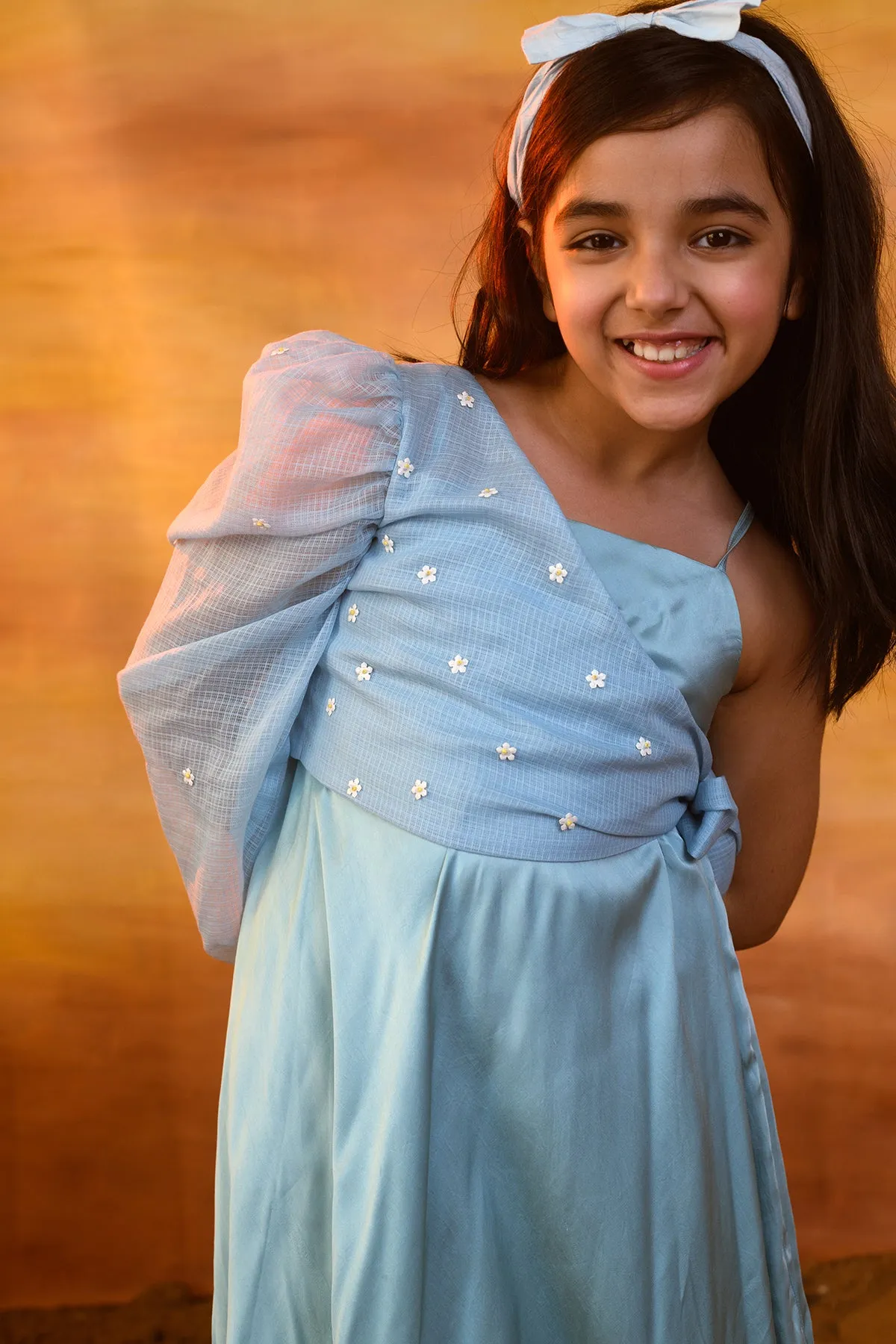 Blue Yonder-German Satin Dress With Kota Doriya Shrug For Girls